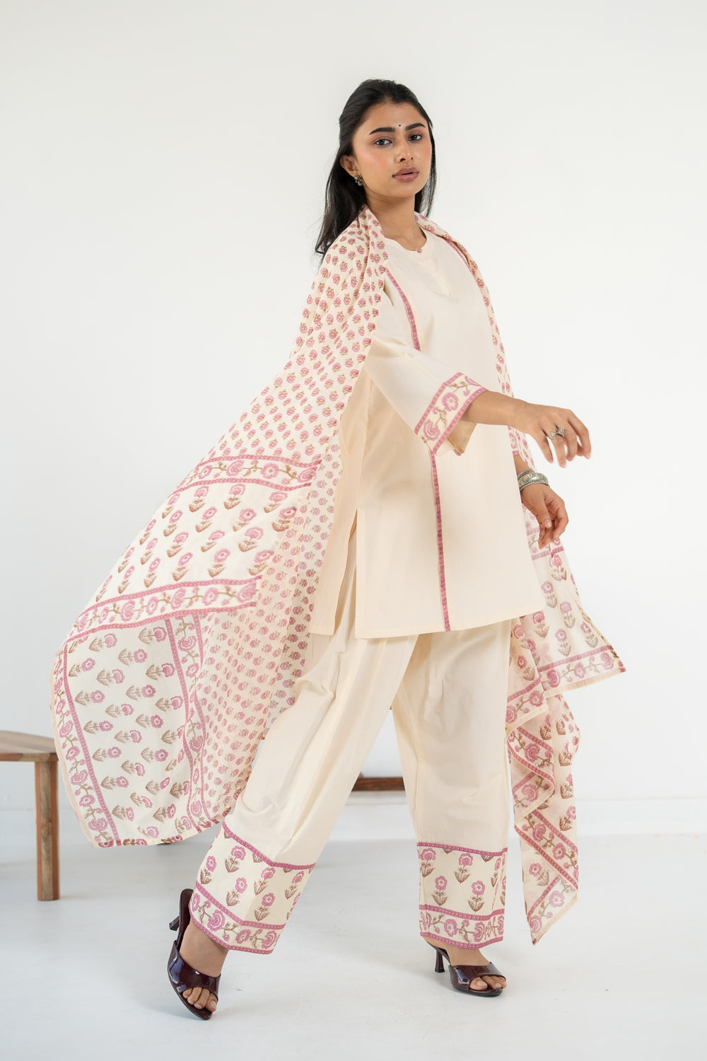 PINK AND OFF WHITE ZIVA KURTA WITH FARSI SALWAR SET OF 3