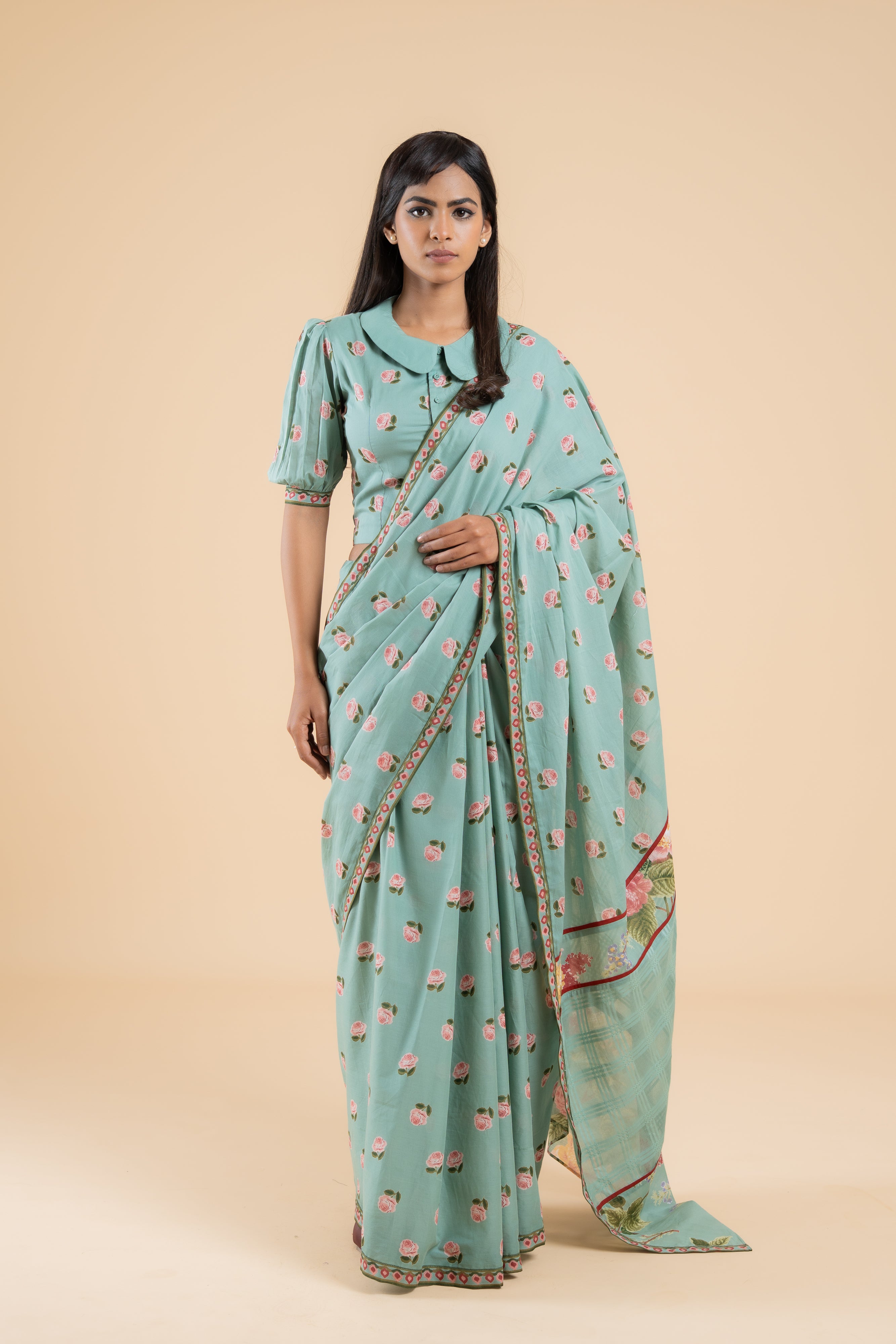 SAGE GREEN PHOOLWARI SAREE WITH UNSTITCHED BLOUSE PCS