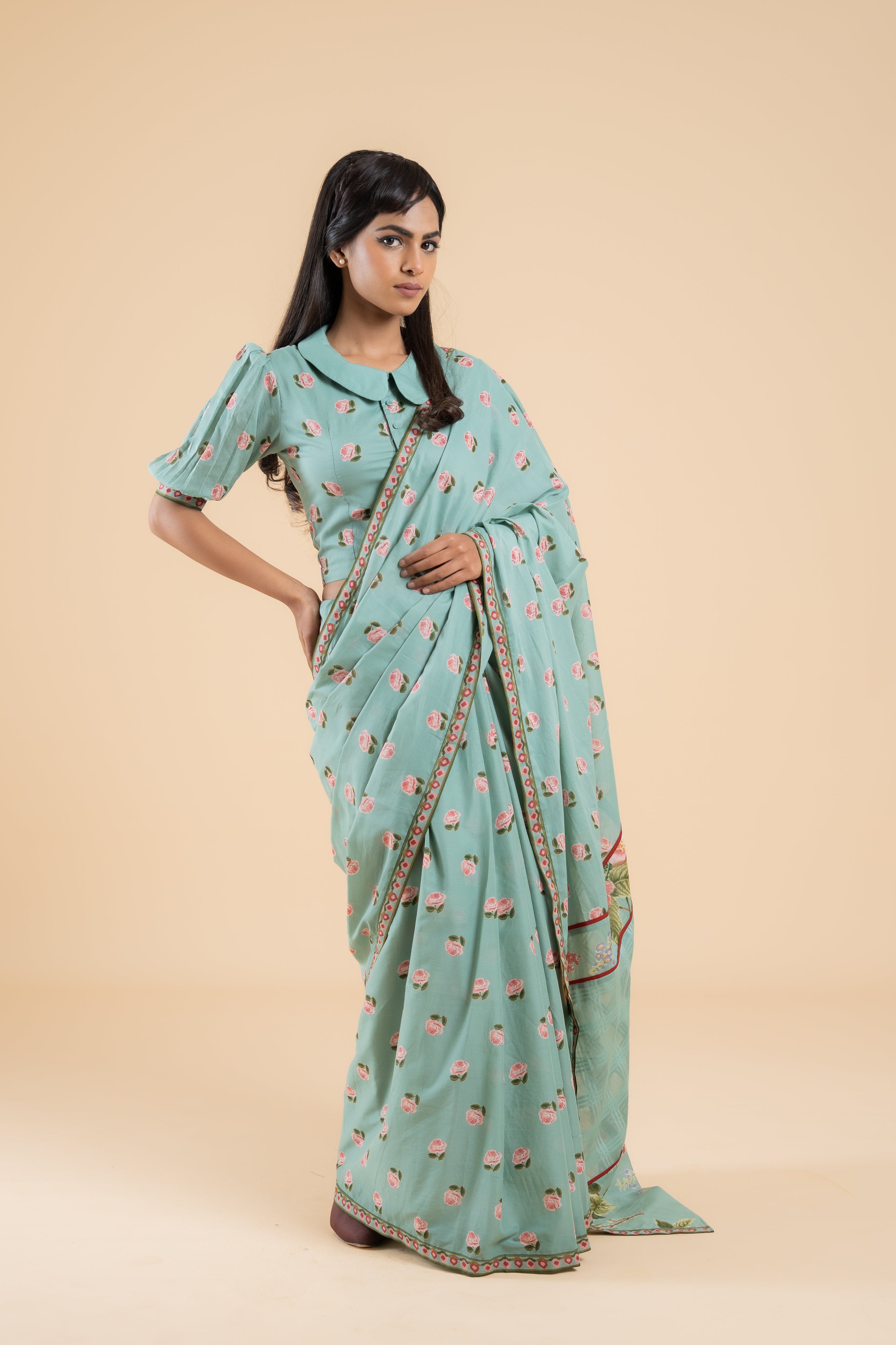 SAGE GREEN PHOOLWARI SAREE WITH UNSTITCHED BLOUSE PCS