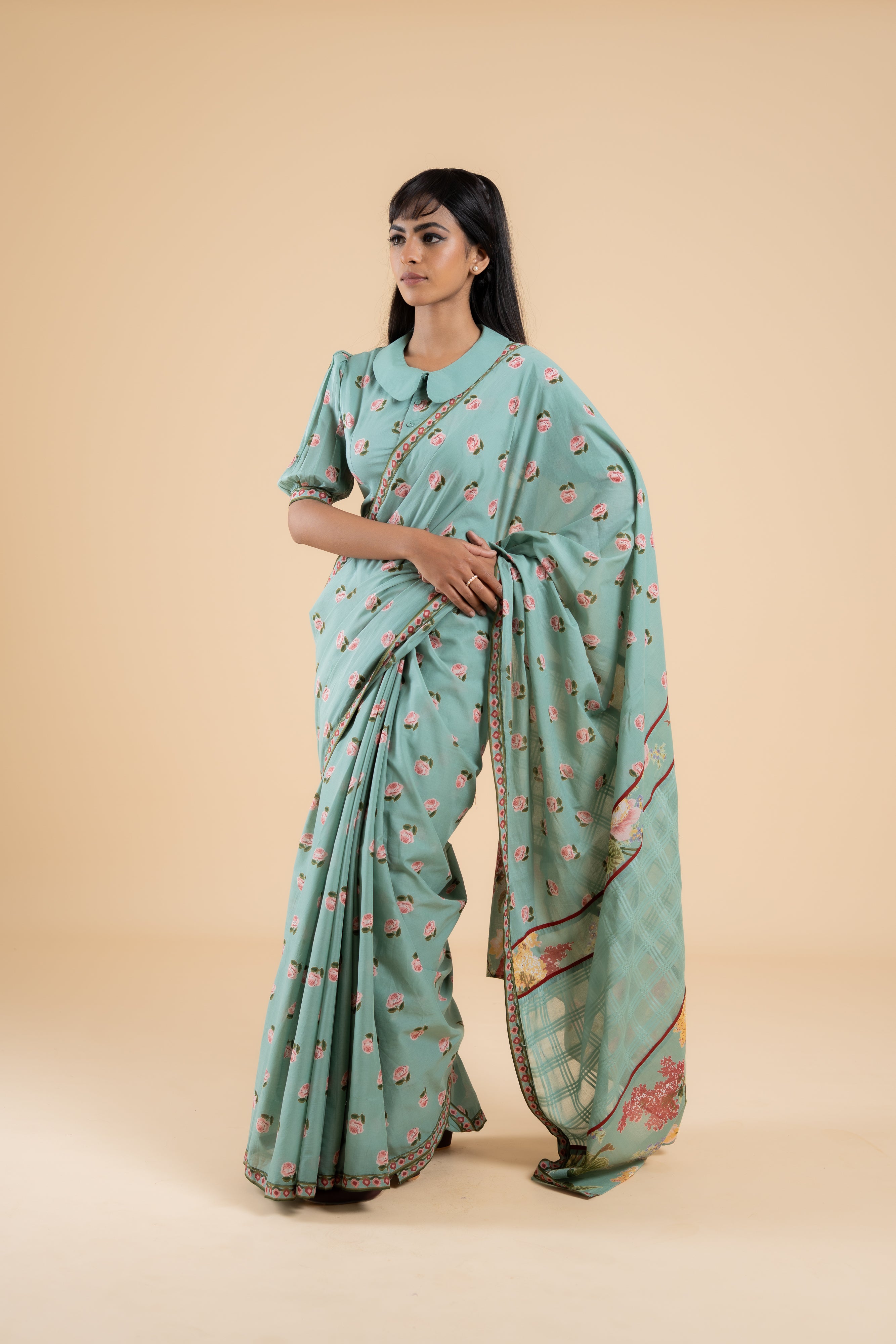 SAGE GREEN PHOOLWARI SAREE WITH UNSTITCHED BLOUSE PCS