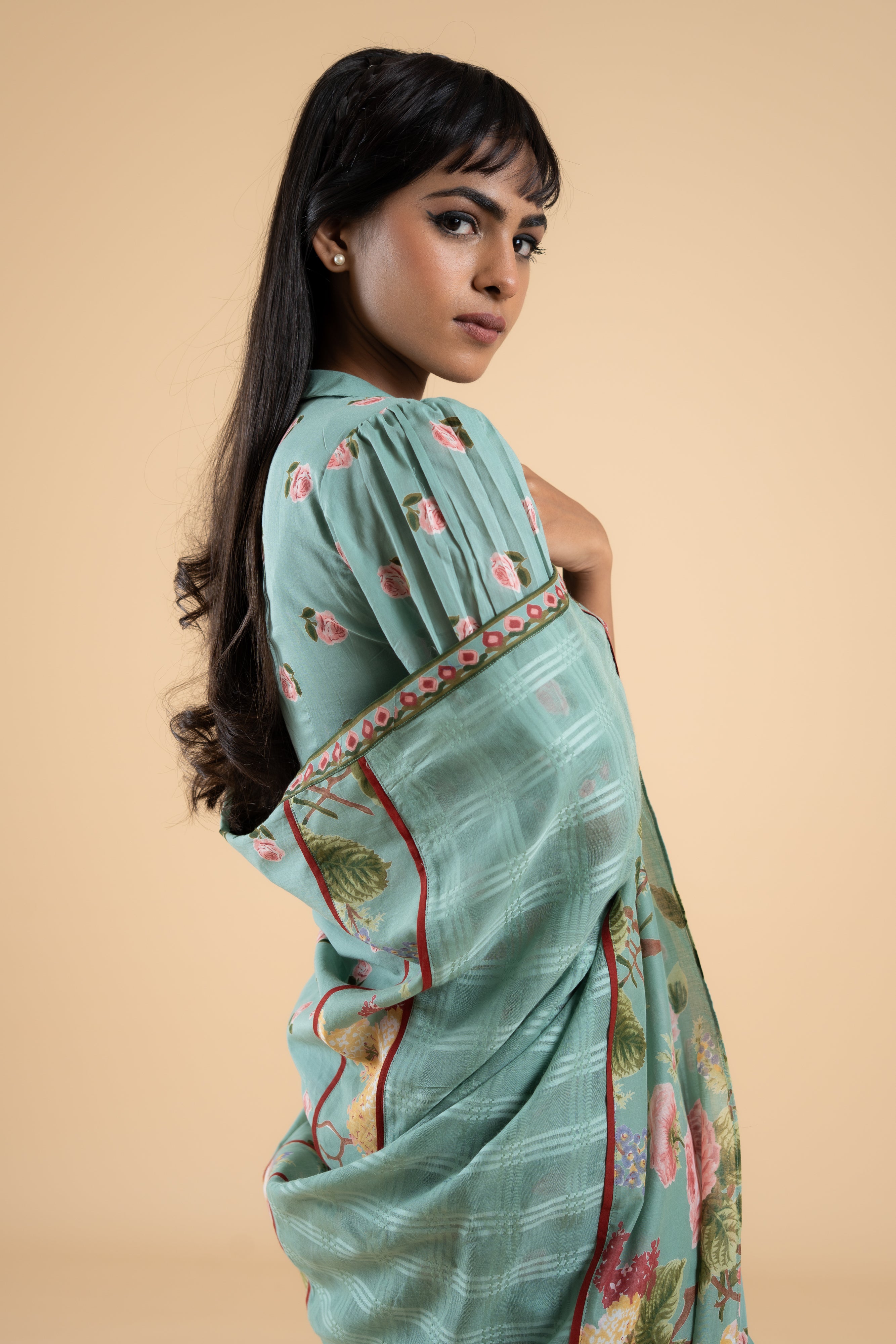 SAGE GREEN PHOOLWARI SAREE WITH UNSTITCHED BLOUSE PCS