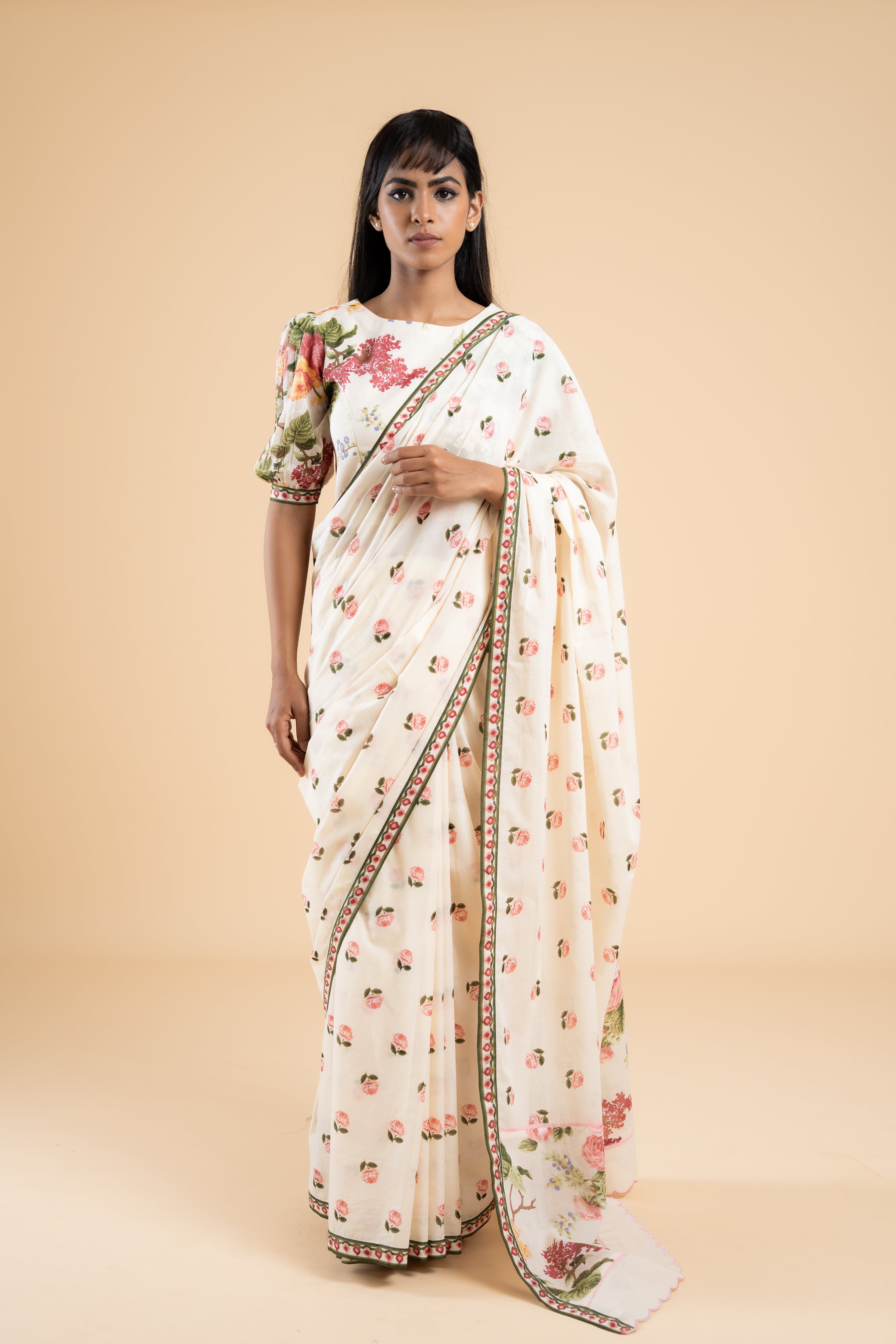 OFF WHITE GULABIYA SAREE WITH UNSTITCHED BLOUSE PCS