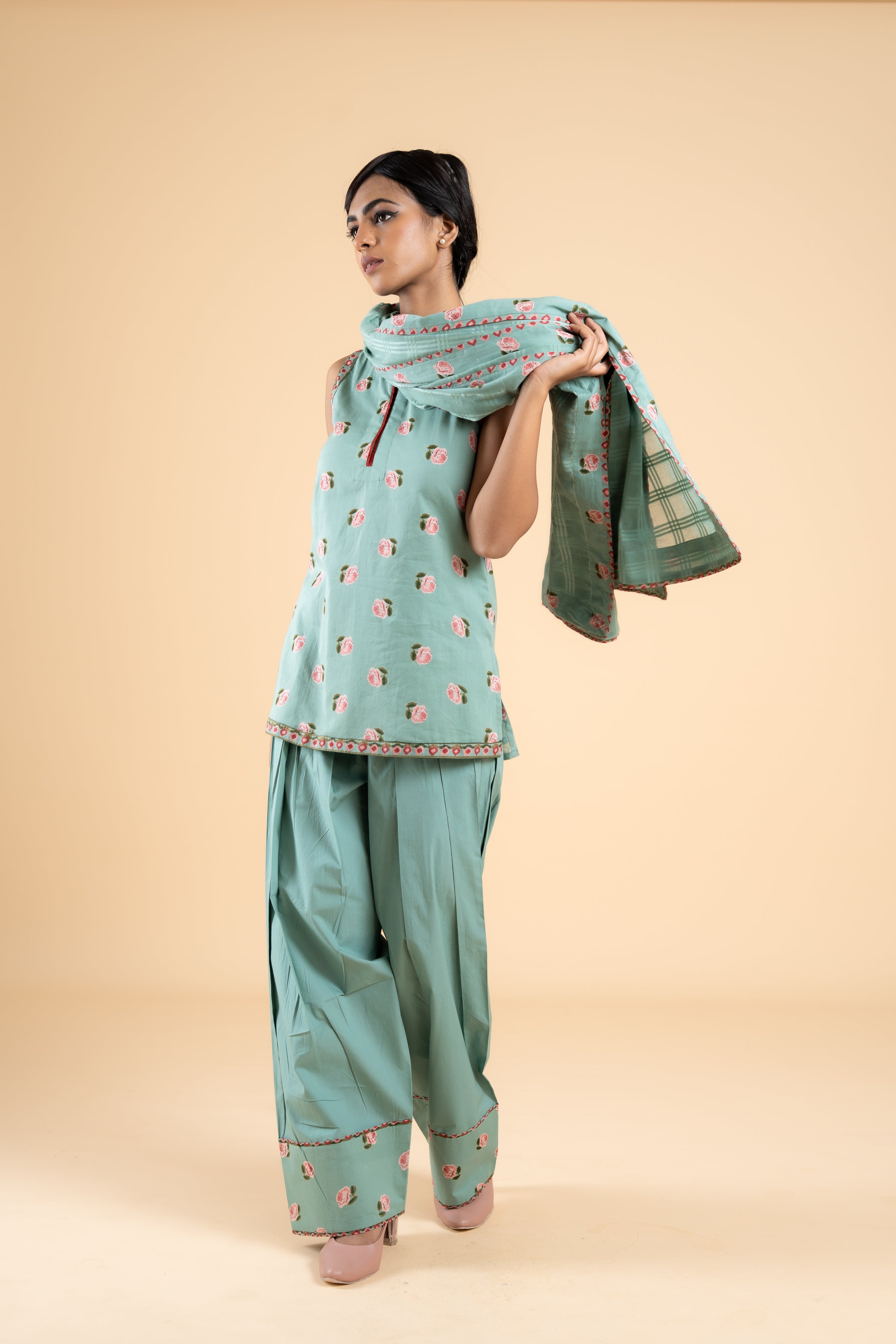 SAGE GREEN ROOH KURTA WITH FARSI SALWAR SET OF 3