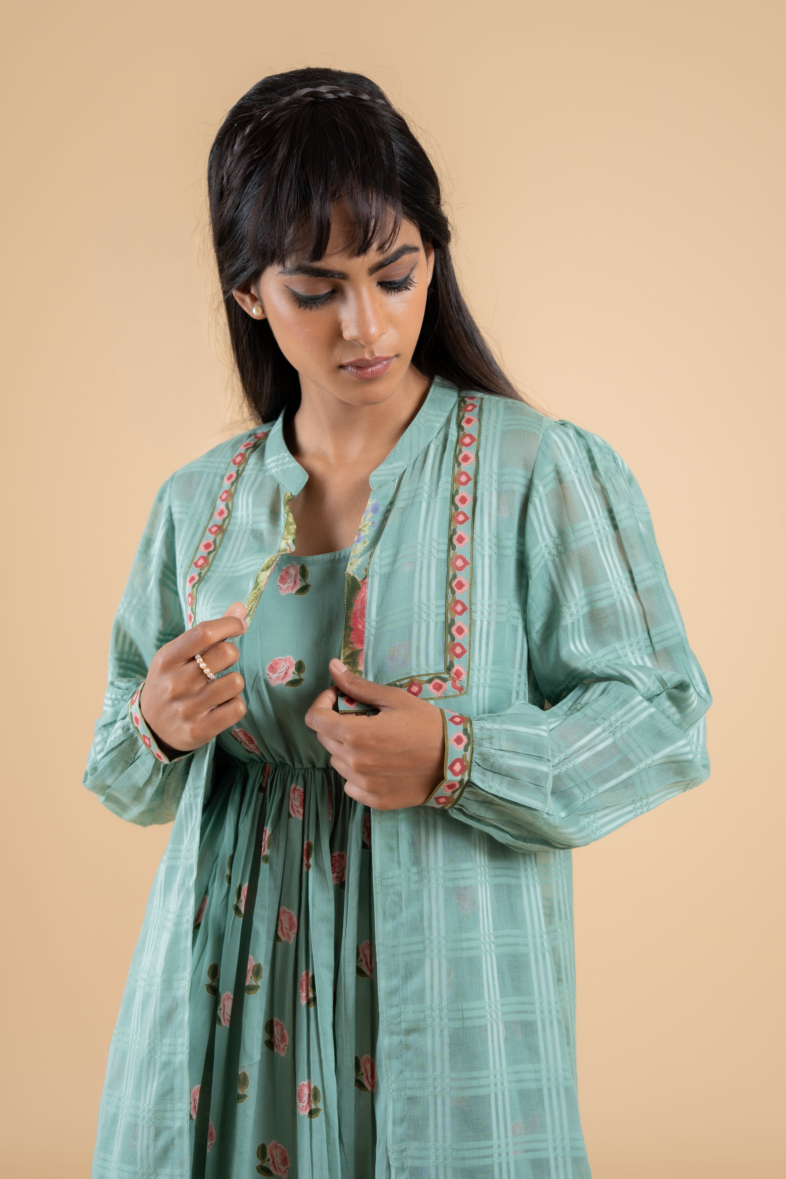 SAGE GREEN PANKHUDI DRESS WITH JACKET SET OF 2