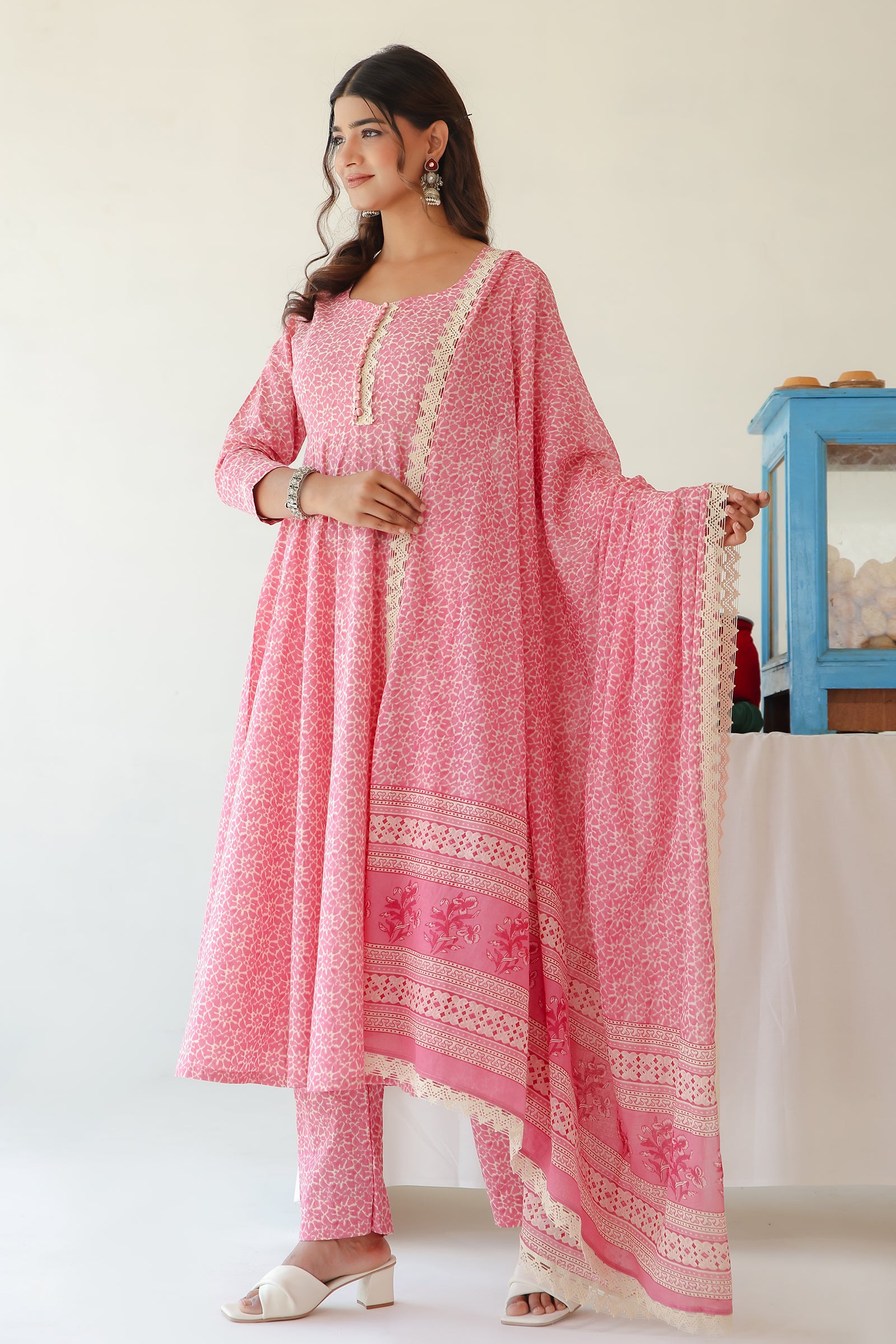 GULKAND PINK COTTON ANARKALI WITH MULMUL DUPATTA