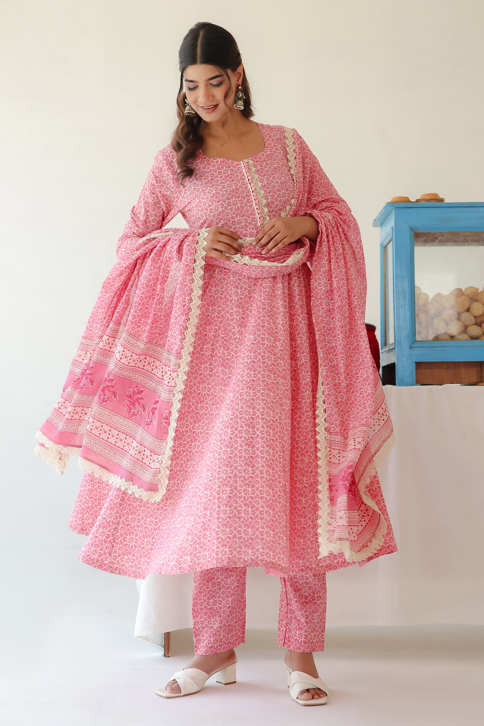 GULKAND PINK COTTON ANARKALI WITH MULMUL DUPATTA