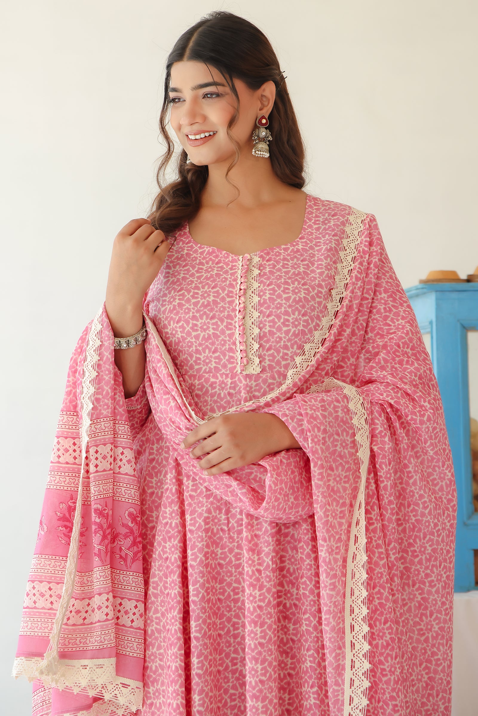 GULKAND PINK COTTON ANARKALI WITH MULMUL DUPATTA