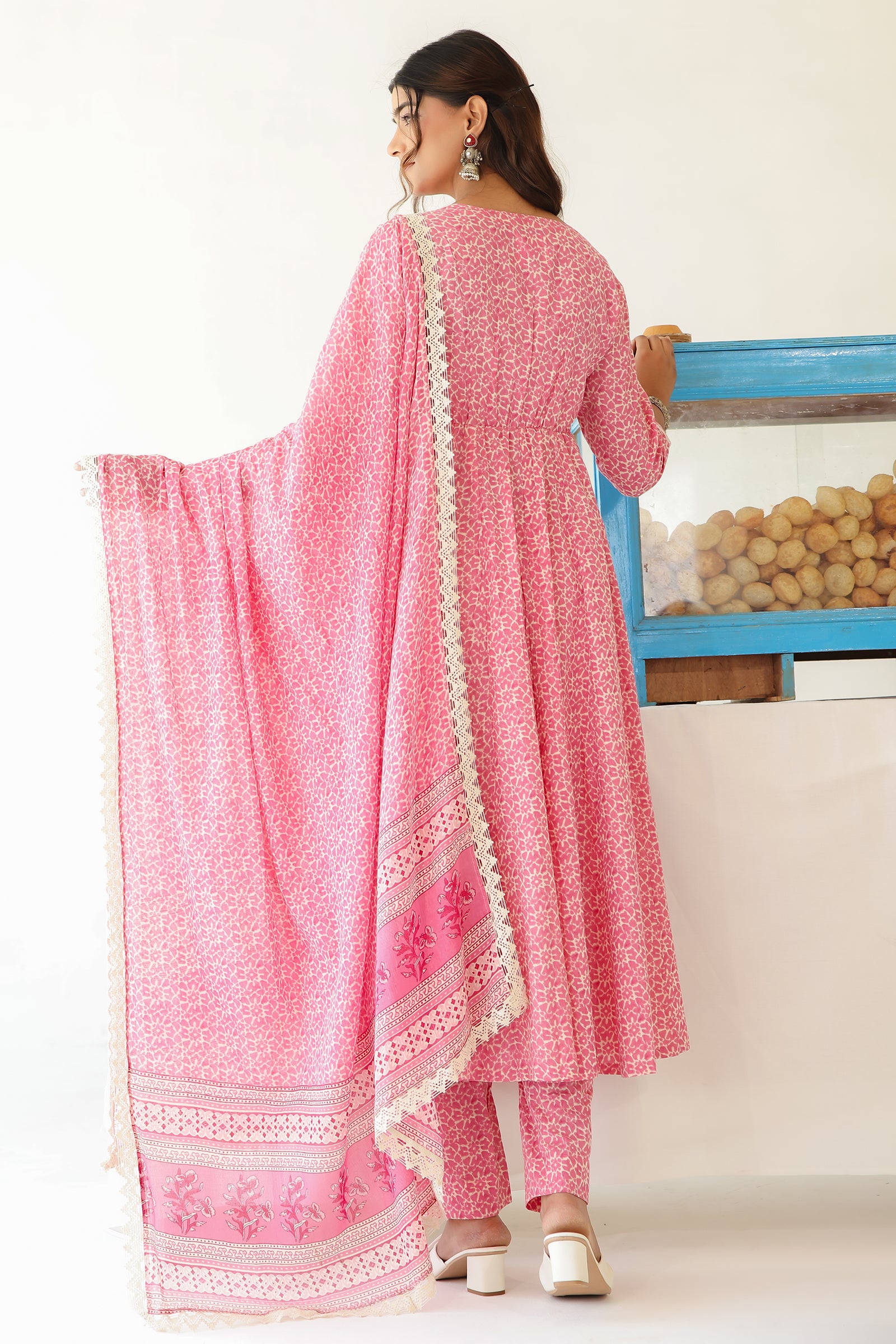 GULKAND PINK COTTON ANARKALI WITH MULMUL DUPATTA