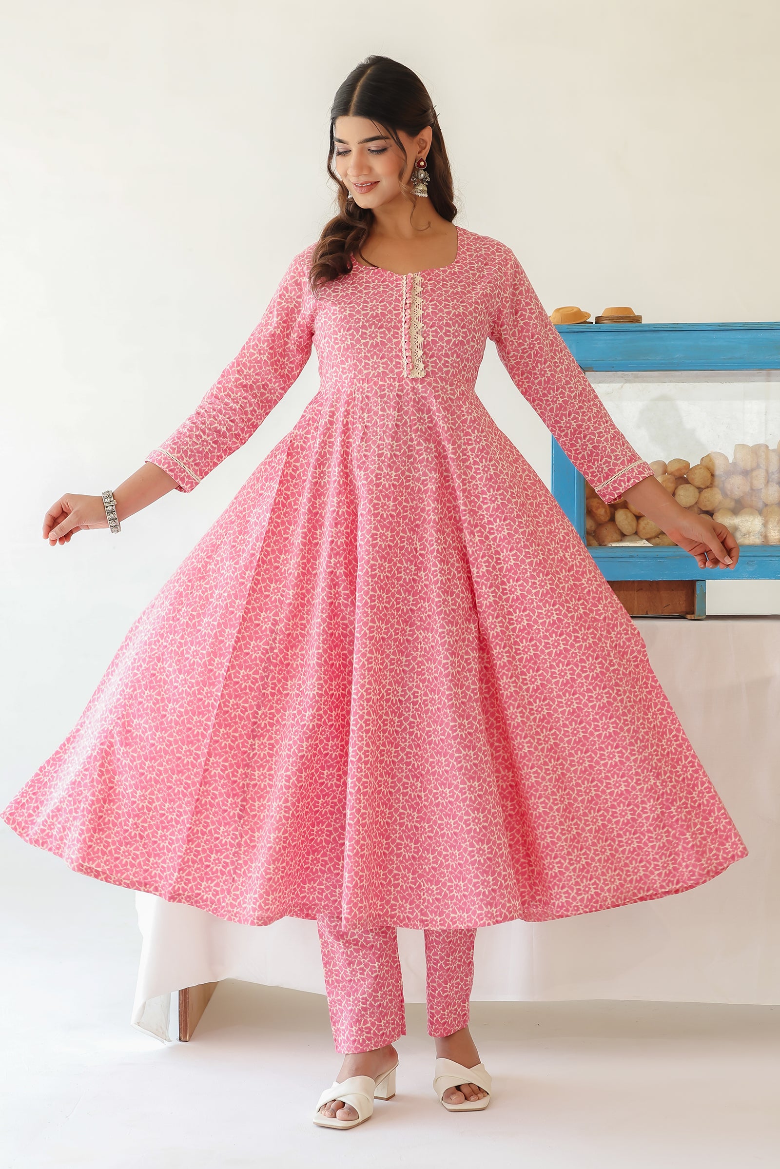 GULKAND PINK COTTON ANARKALI WITH MULMUL DUPATTA