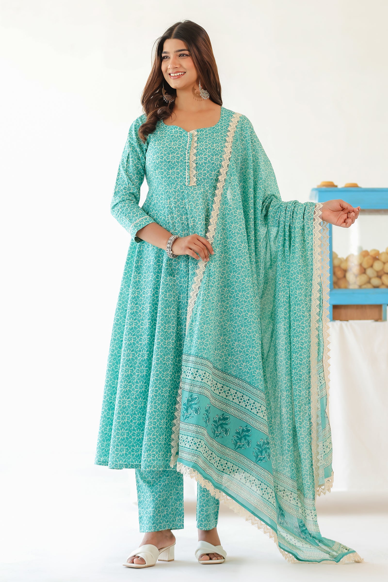 CHAITEE TEAL COTTON ANARKALI WITH MULMUL DUPATTA