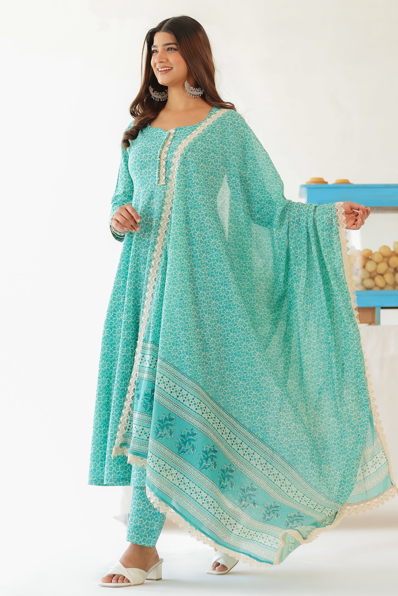 CHAITEE TEAL COTTON ANARKALI WITH MULMUL DUPATTA
