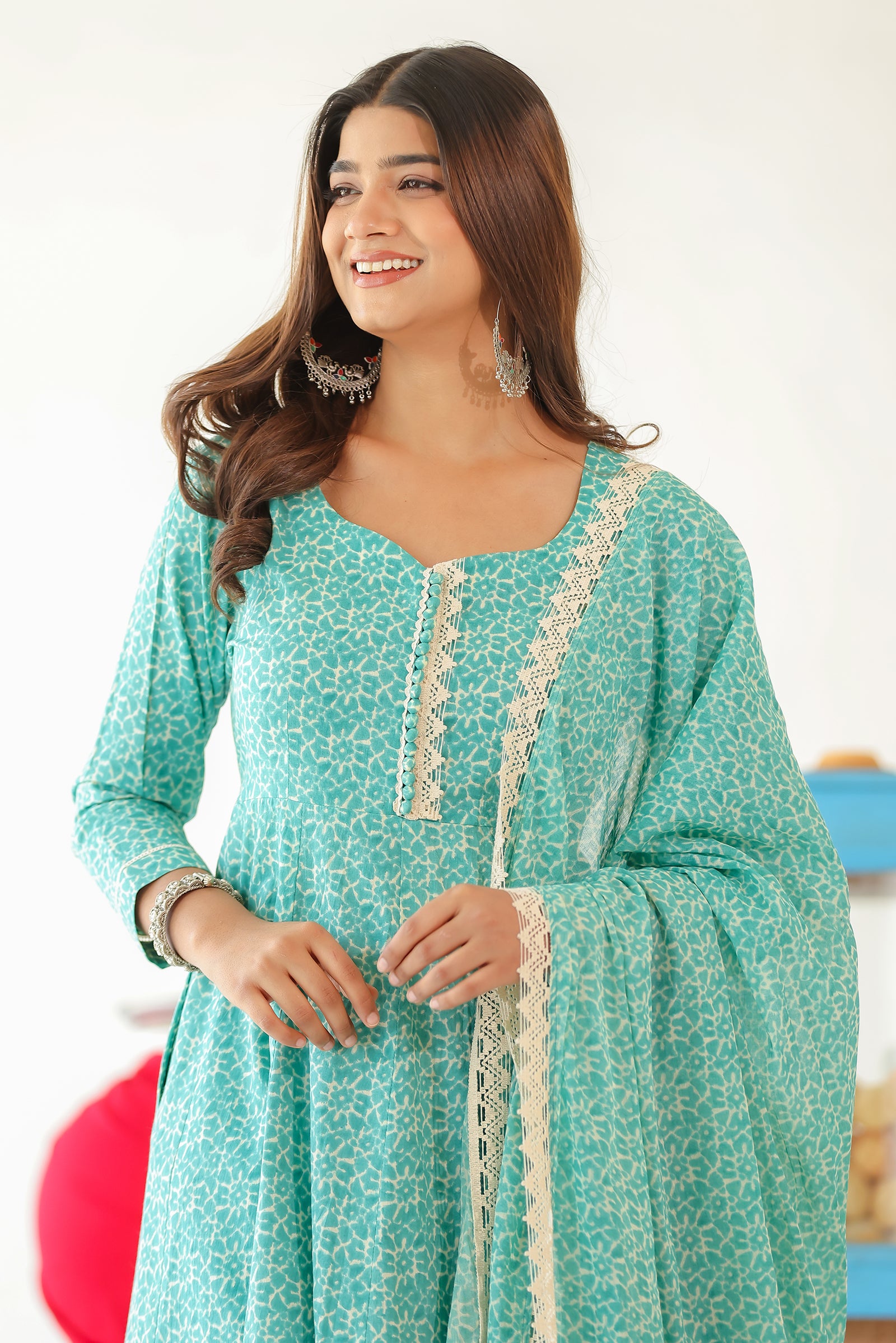 CHAITEE TEAL COTTON ANARKALI WITH MULMUL DUPATTA