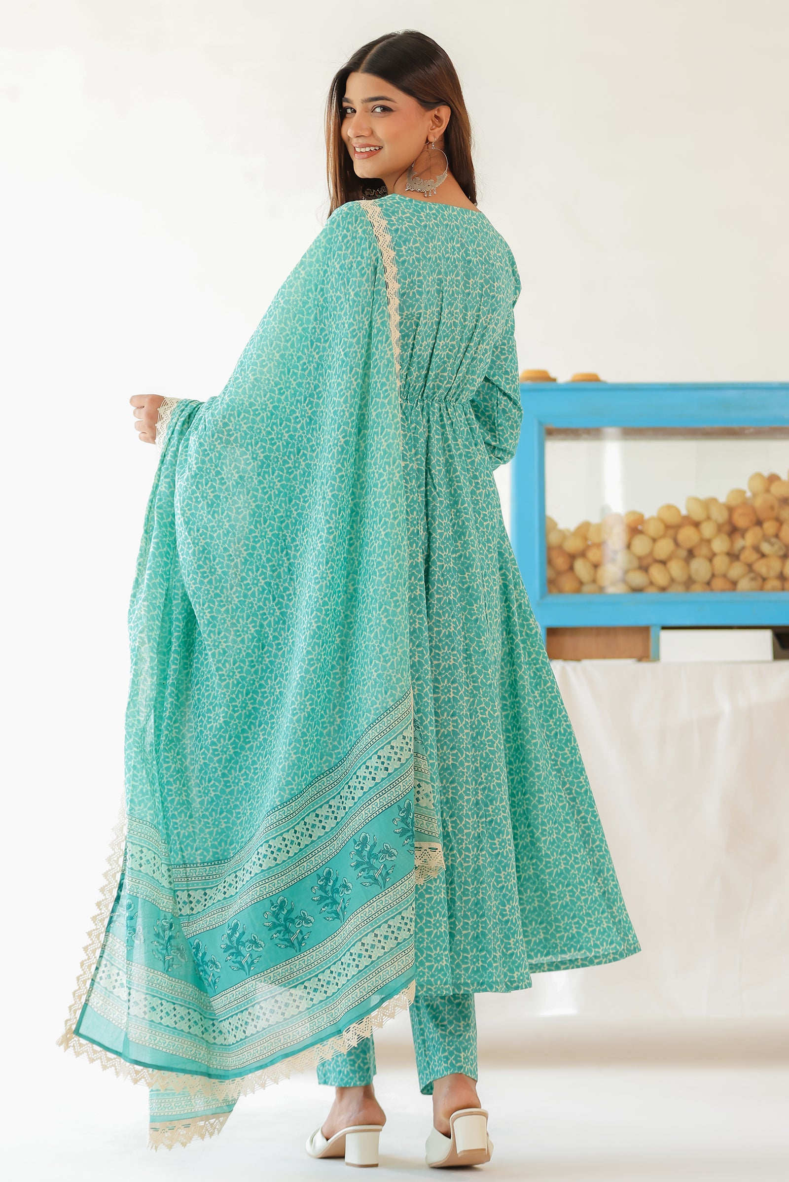 CHAITEE TEAL COTTON ANARKALI WITH MULMUL DUPATTA