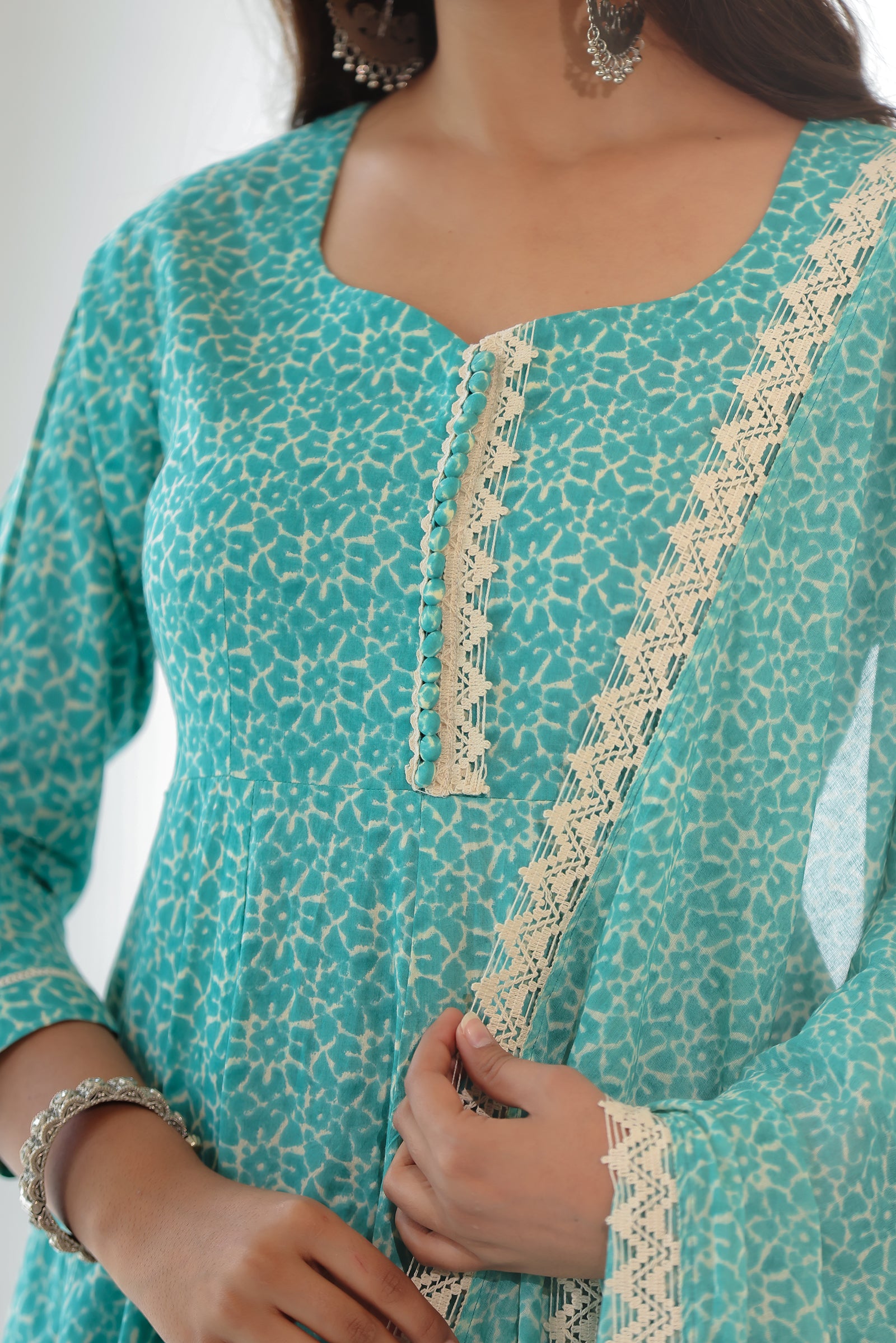 CHAITEE TEAL COTTON ANARKALI WITH MULMUL DUPATTA