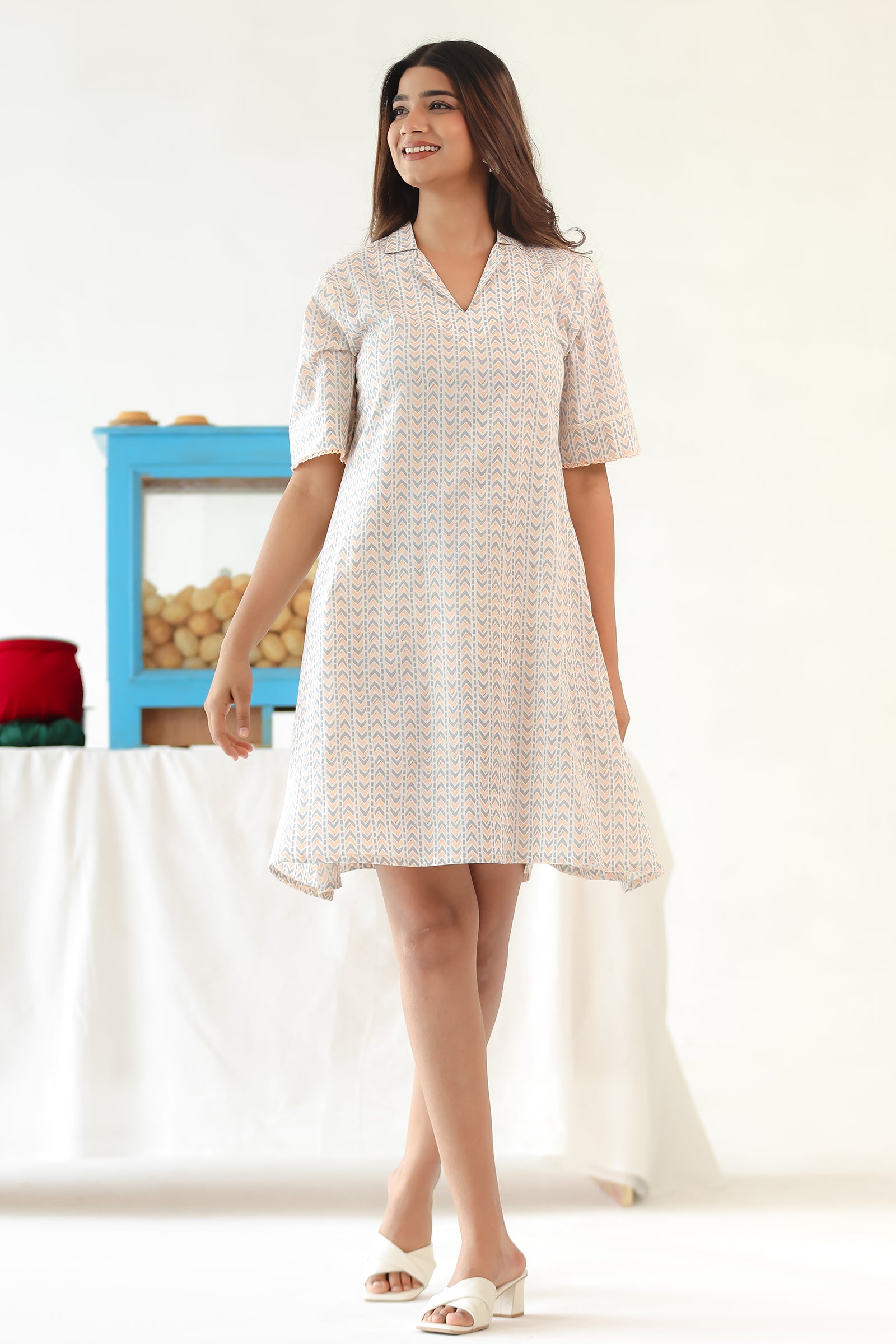 NANCHI WHITE STRIPE COTTON KNEE LENGTH SHIRT DRESS