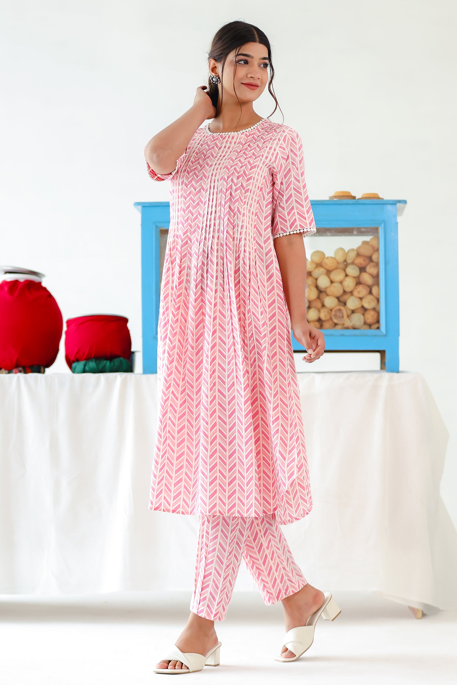 PARLE LIGHT PINK PINTUCKS A LINE KURTA SET