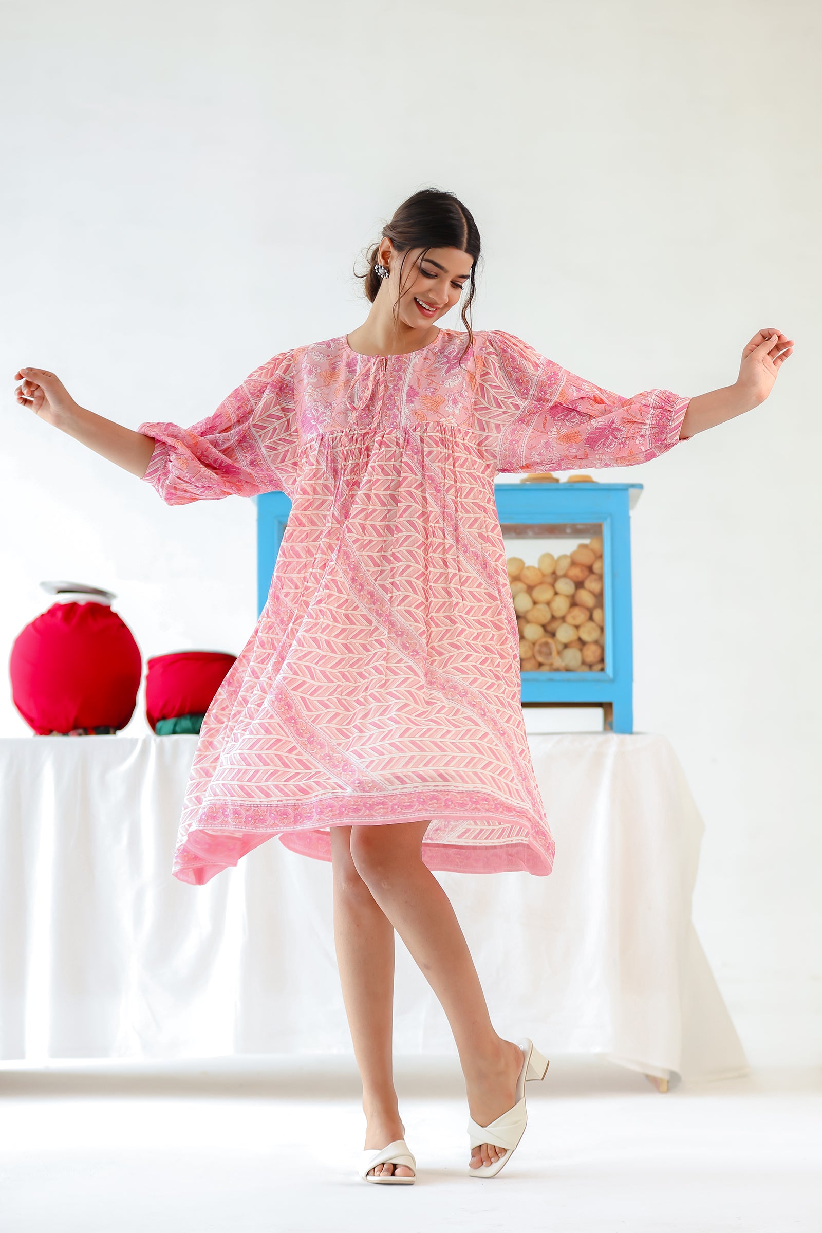 CANDY PINK MULMUL DOLMAN SLEEVES KNEE LENGTH DRESS