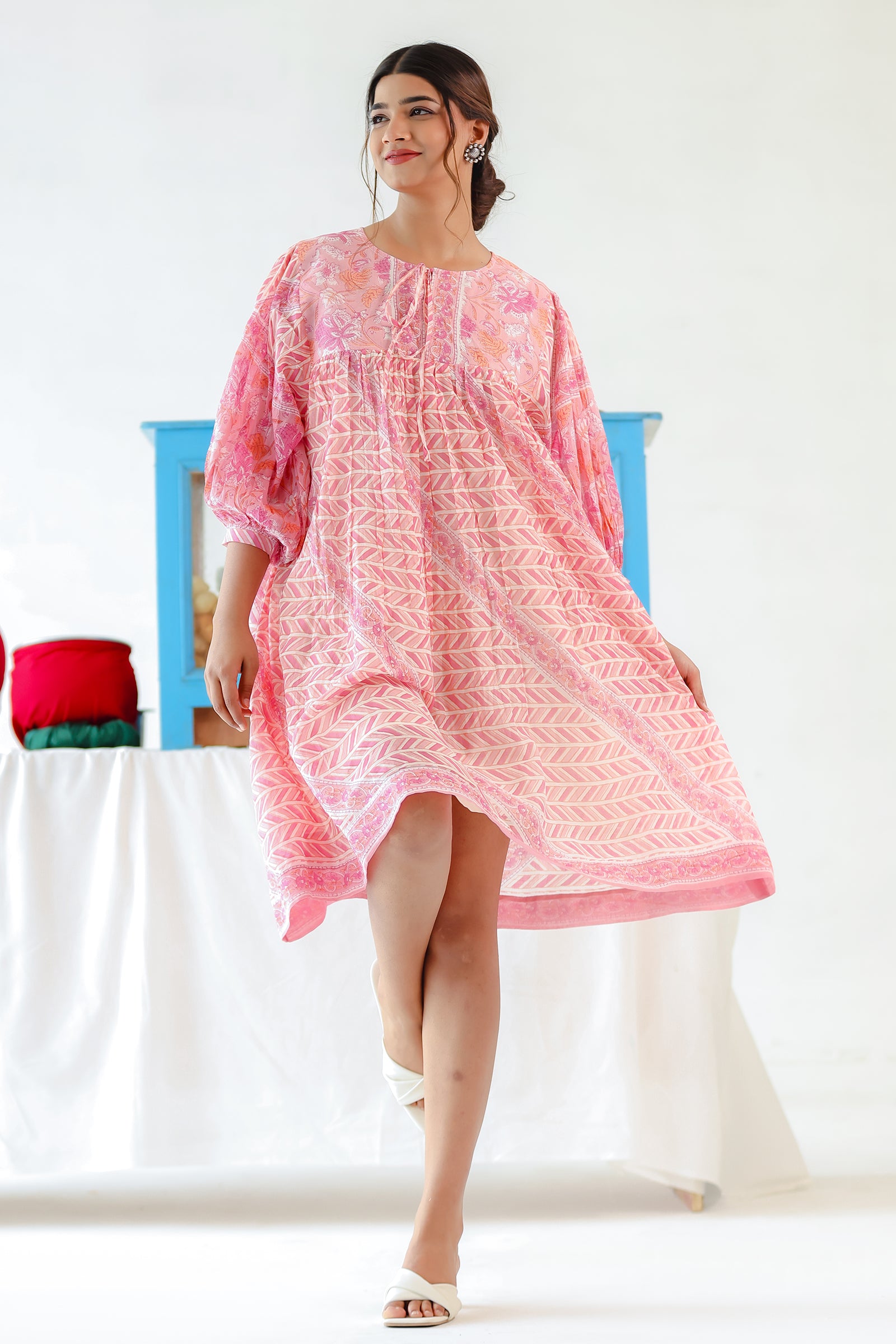 CANDY PINK MULMUL DOLMAN SLEEVES KNEE LENGTH DRESS
