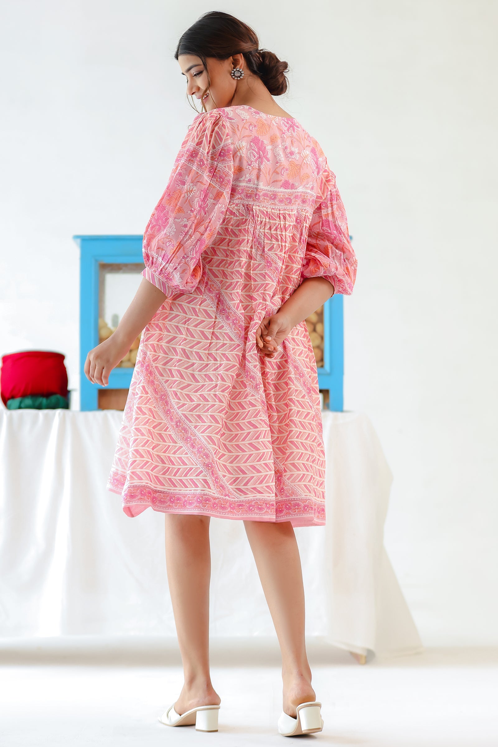 CANDY PINK MULMUL DOLMAN SLEEVES KNEE LENGTH DRESS
