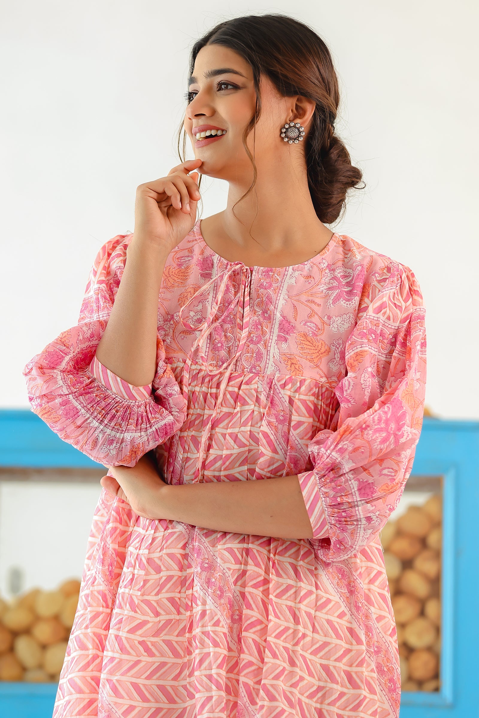 CANDY PINK MULMUL DOLMAN SLEEVES KNEE LENGTH DRESS