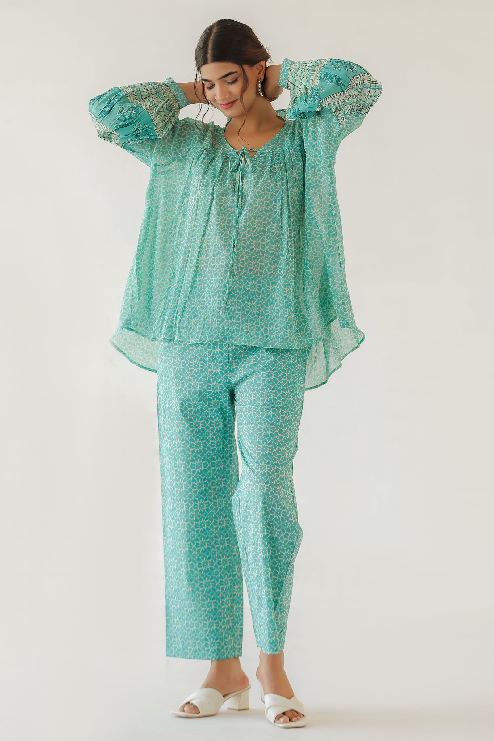CHANDRA TEAL MULMUL AND COTTON CO-ORD SET