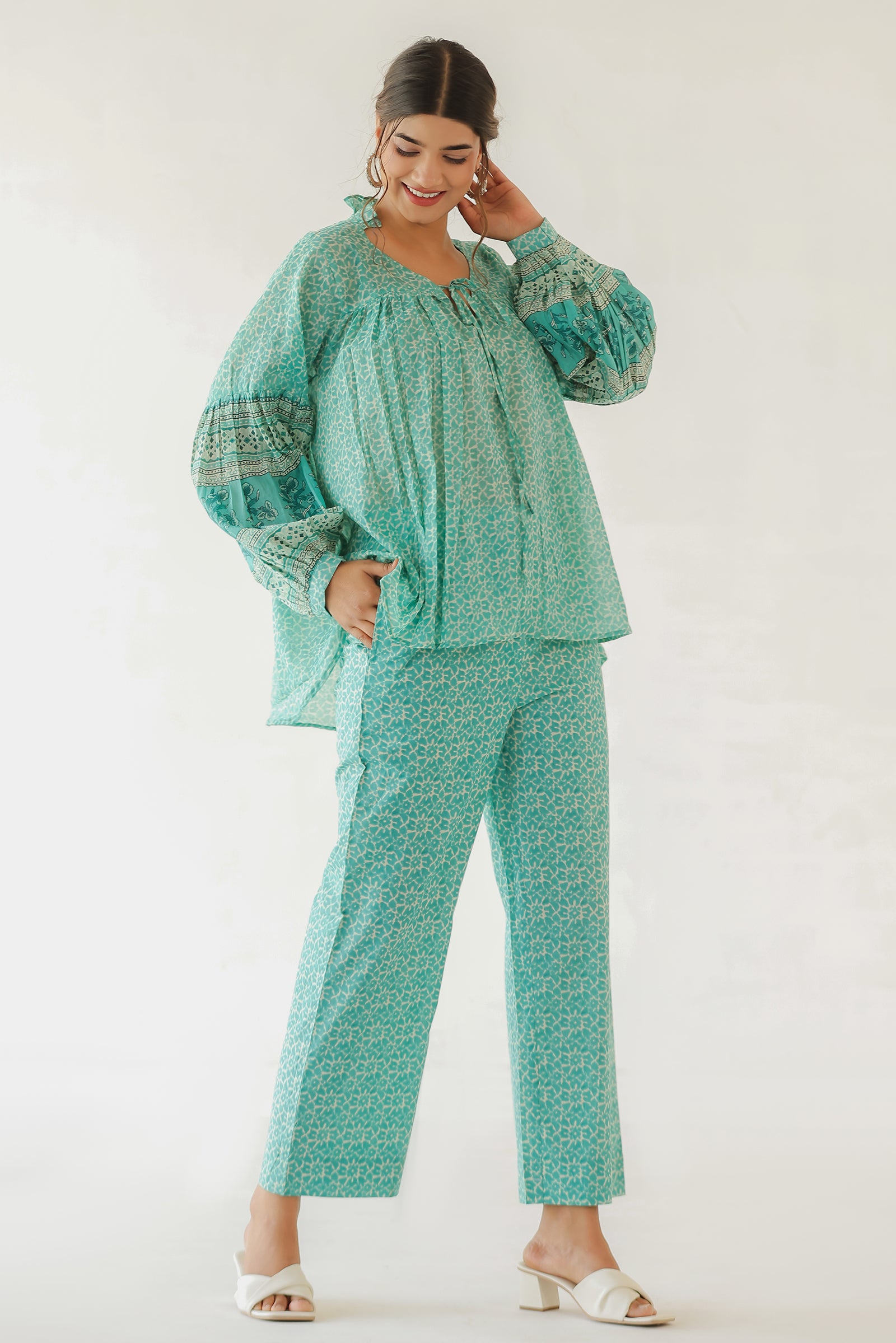 CHANDRA TEAL MULMUL AND COTTON CO-ORD SET
