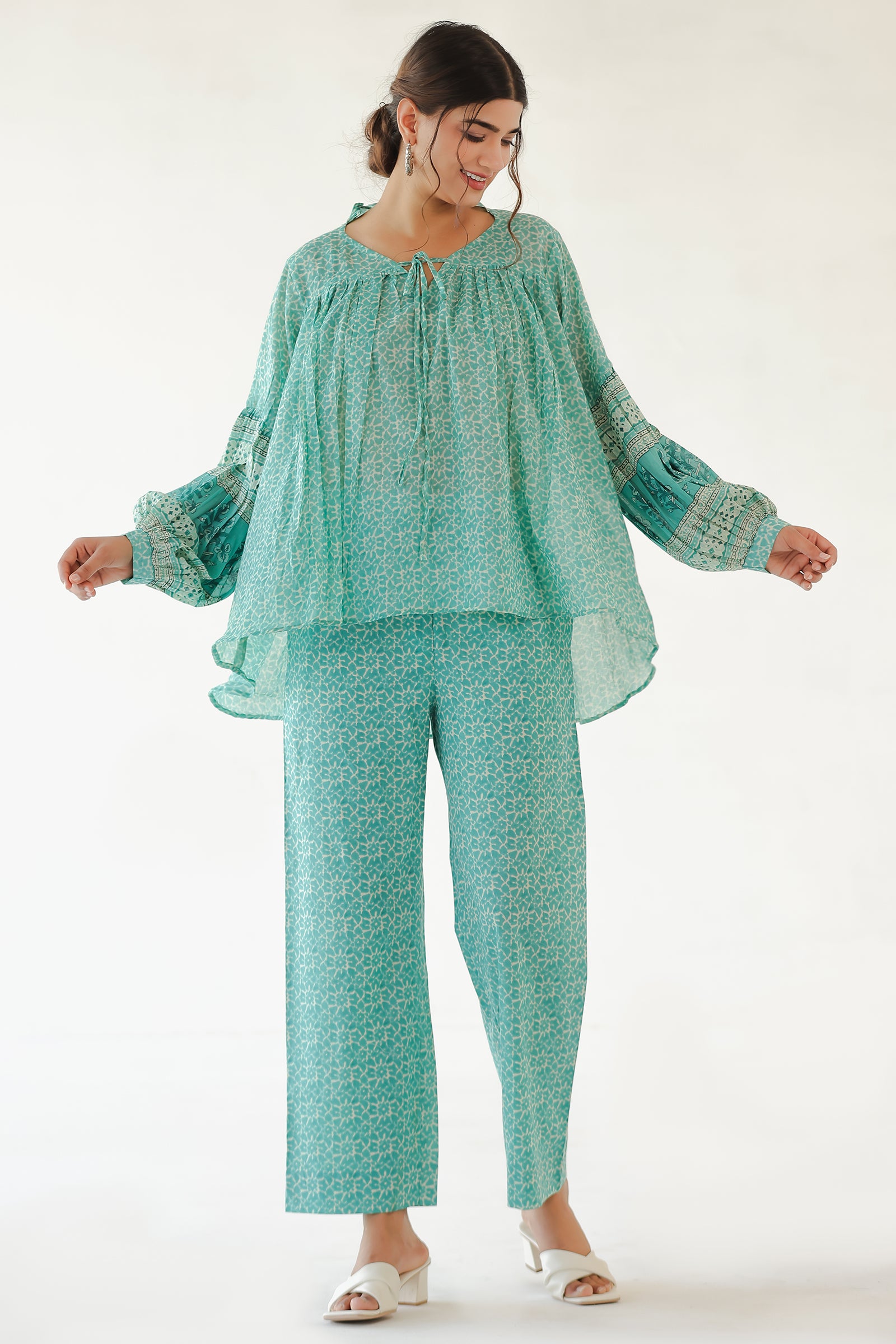 CHANDRA TEAL MULMUL AND COTTON CO-ORD SET