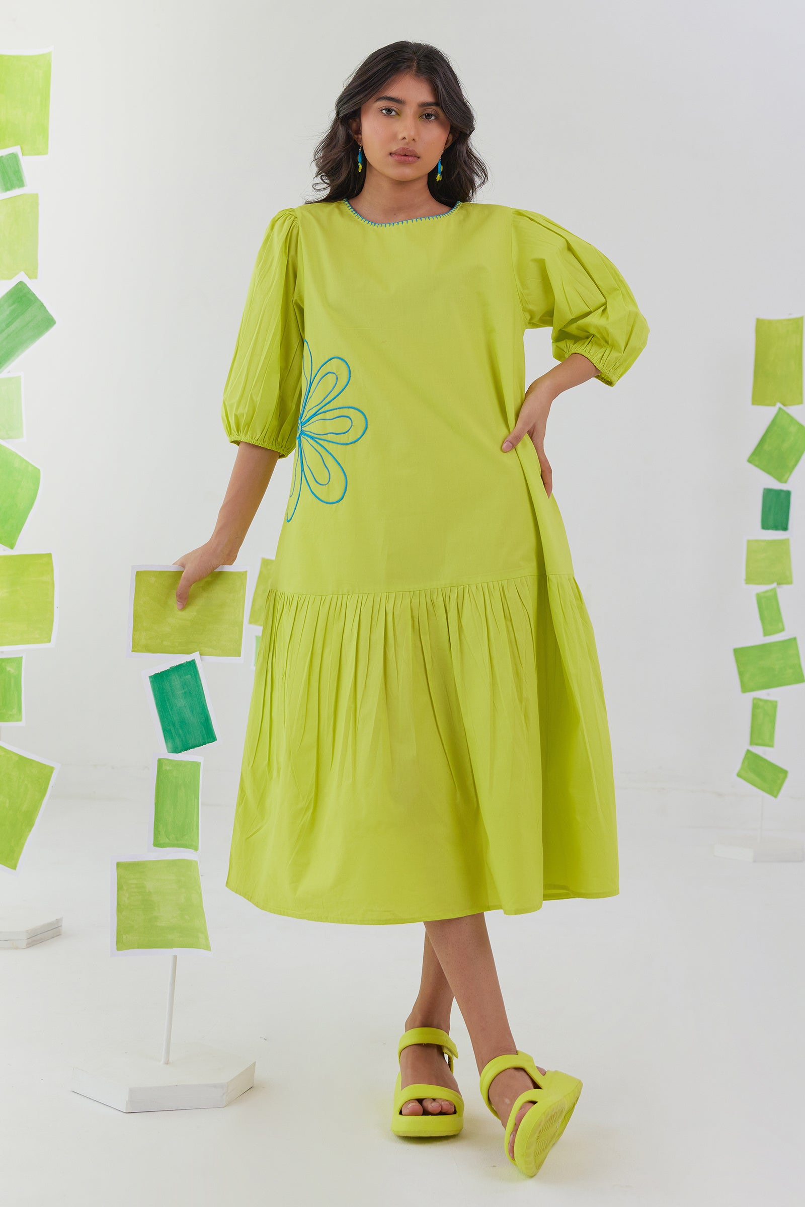 NEONADE LIME NEON POPLIN EMBROIDERED TIERED DRESS NEONADE LIME NEON POPLIN EMBROIDERED TIERED DRESS