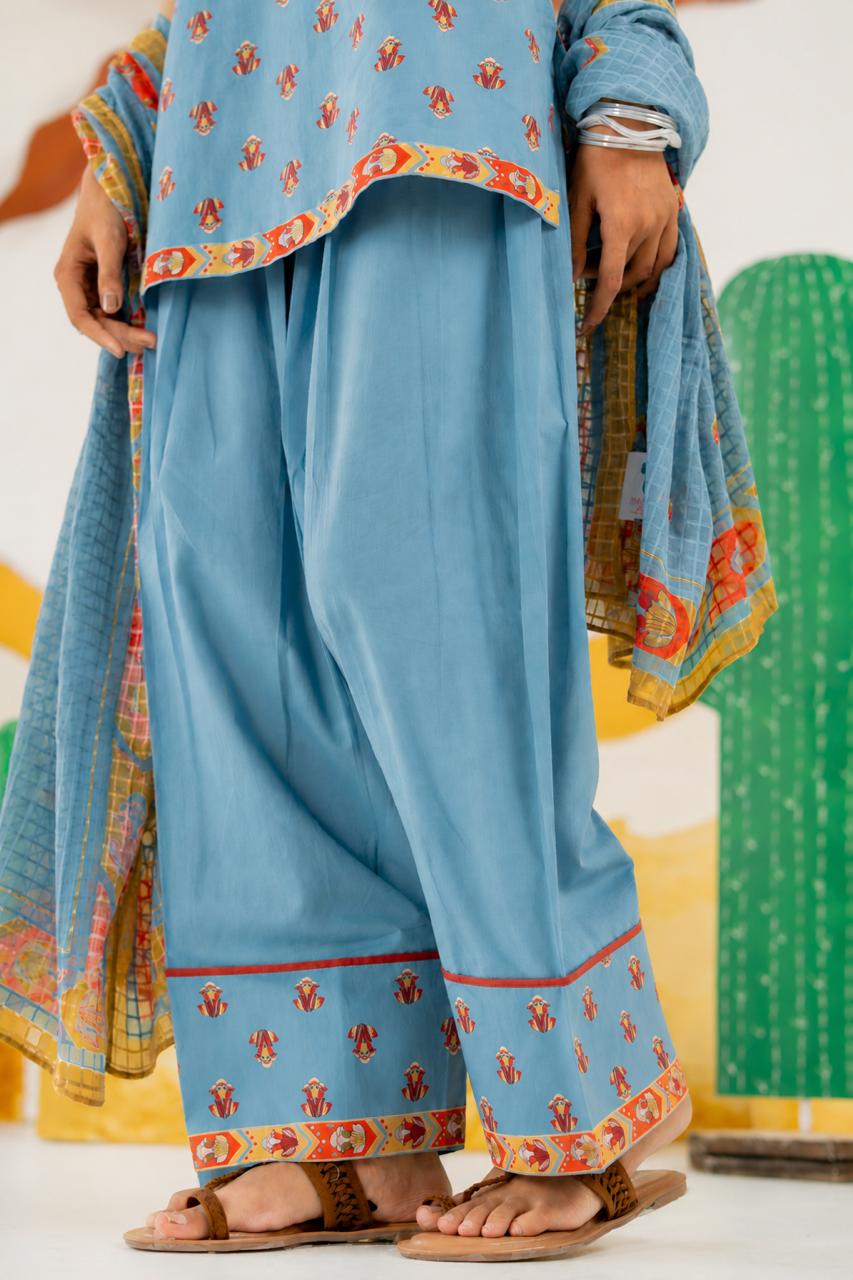 HERITAGE BLUE KAIRA KURTA AND FARSI SALWAR SET OF 3