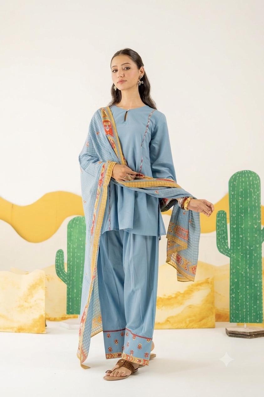 HERITAGE BLUE MAYARA KURTA AND FARSI SALWAR SET OF 3