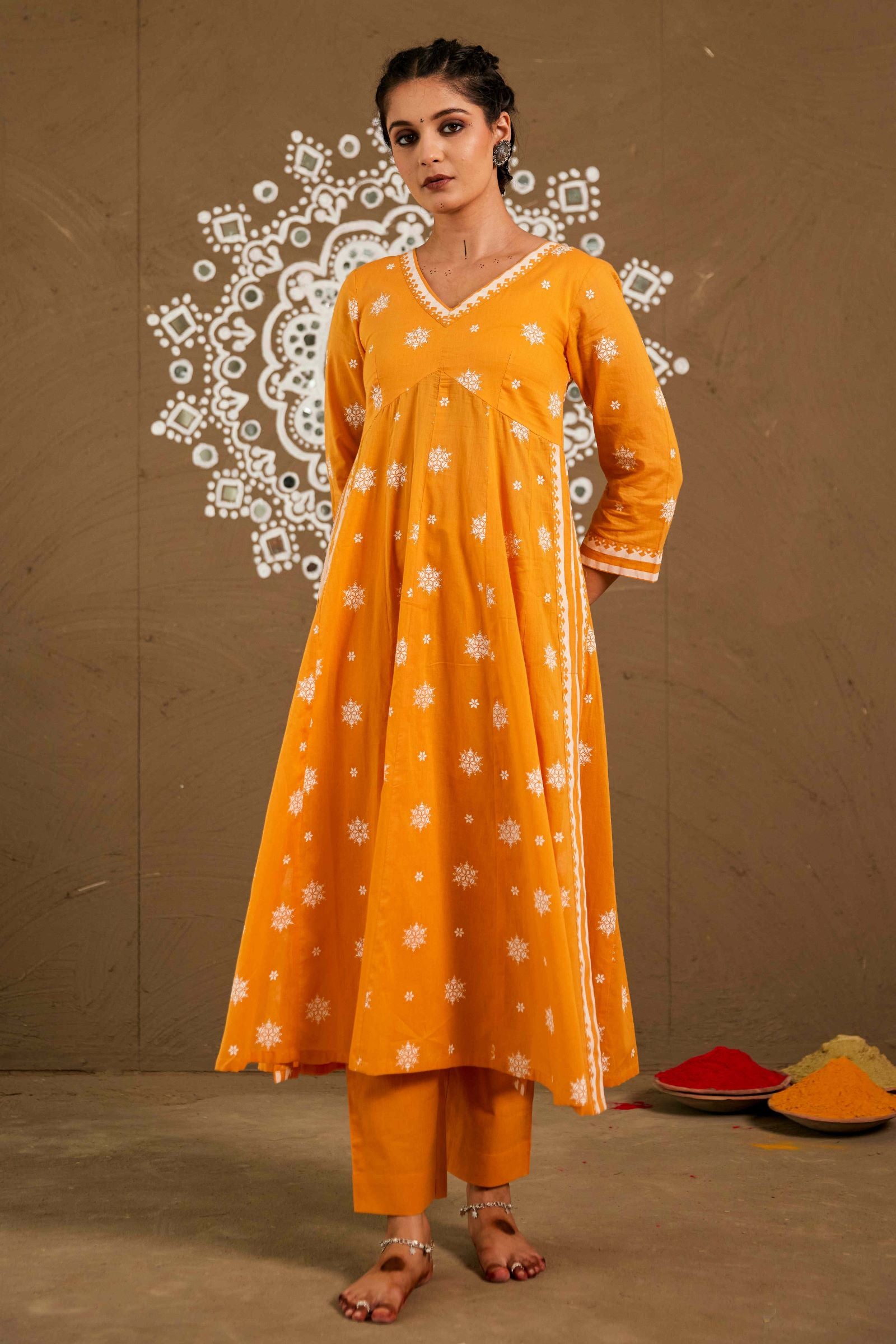 Basanti Orange Mul Cotton Side Slit Anarkali Only