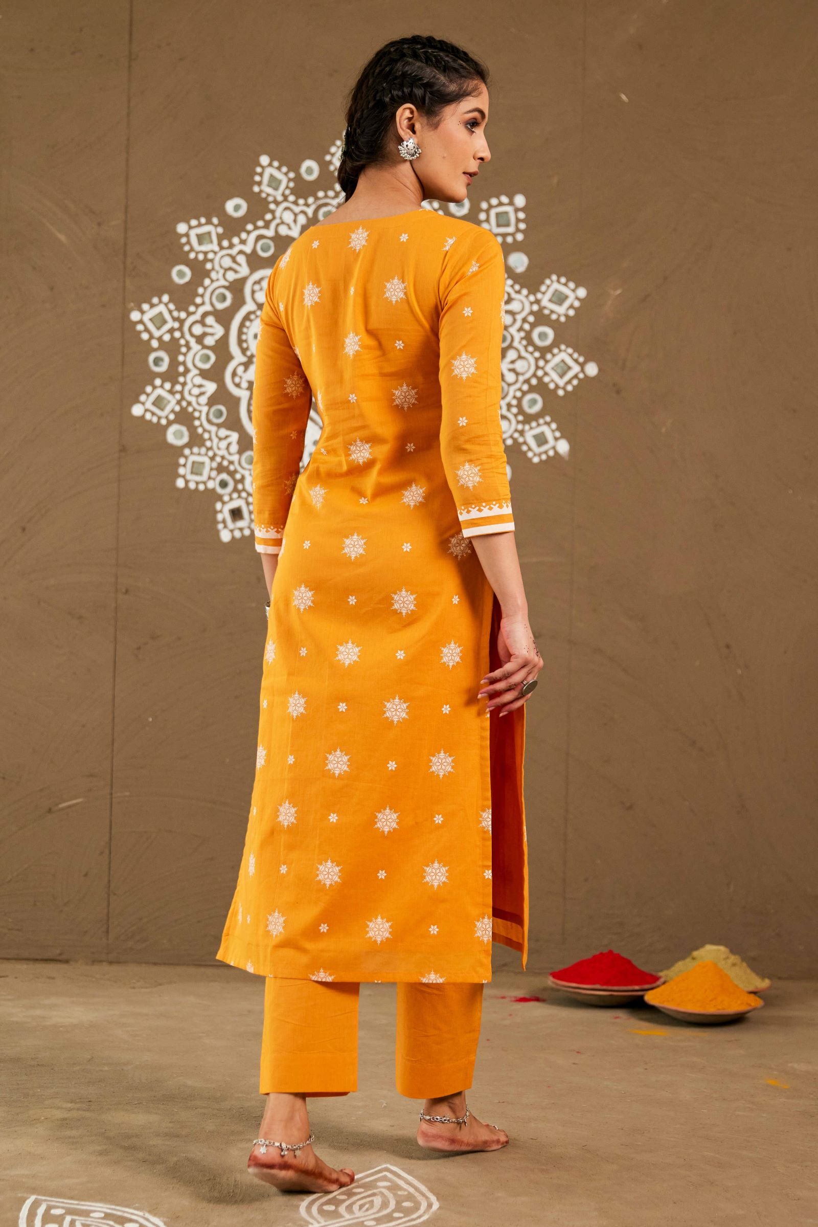 Sindoor Orange Mul Cotton V Neck Straight Kurta Only