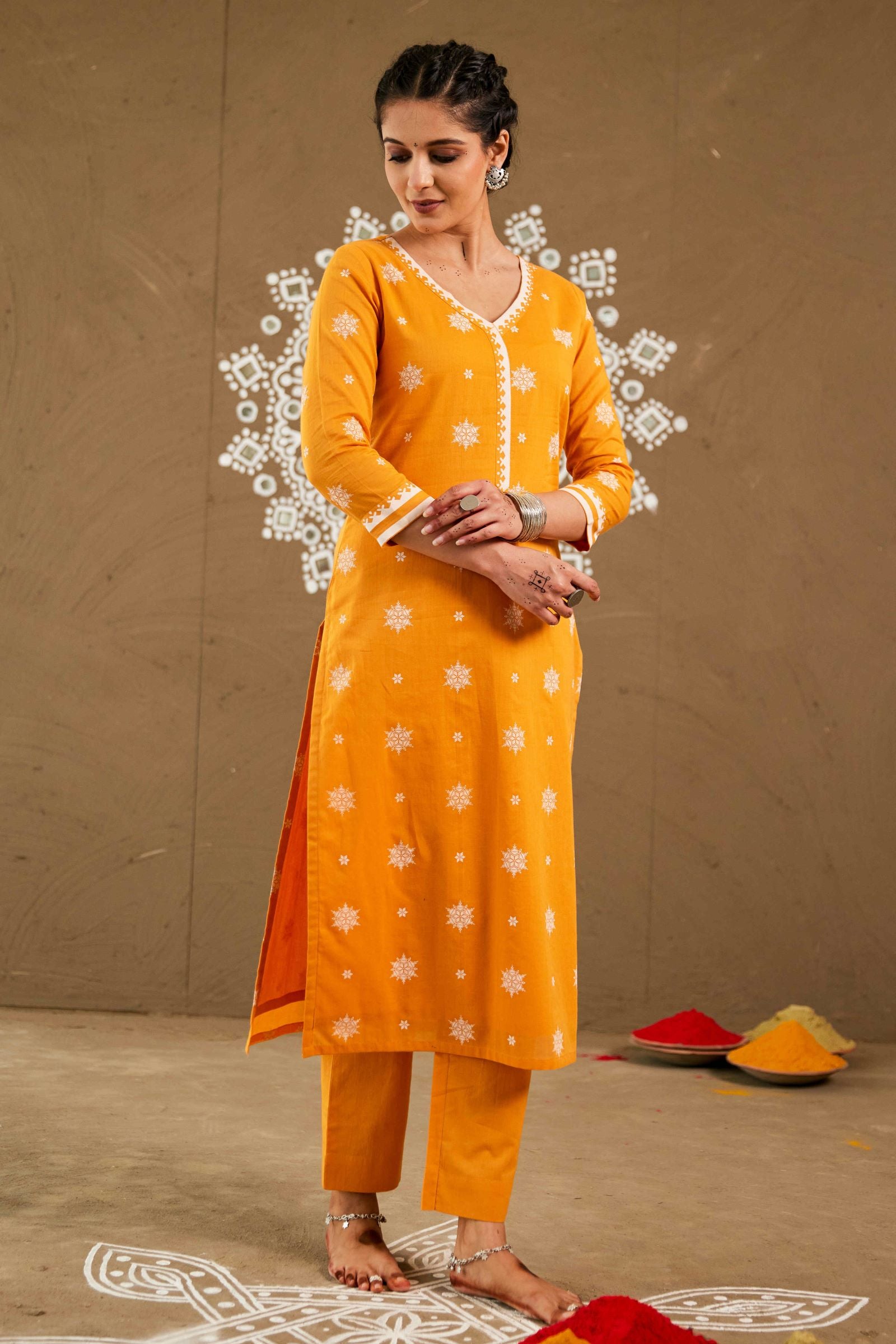 Sindoor Orange Mul Cotton V Neck Straight Kurta Only