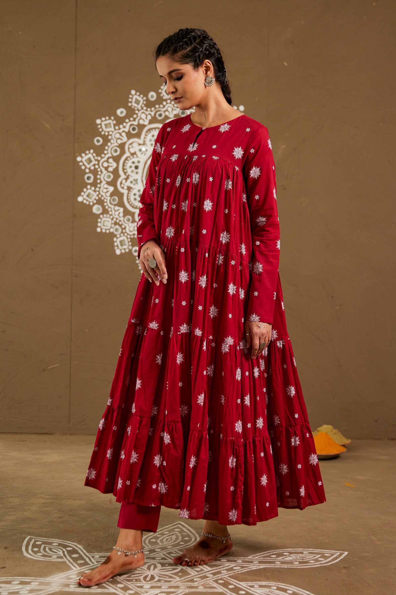 Kumkum Red Mul Cotton Tiered Anarkali Set (RTS)