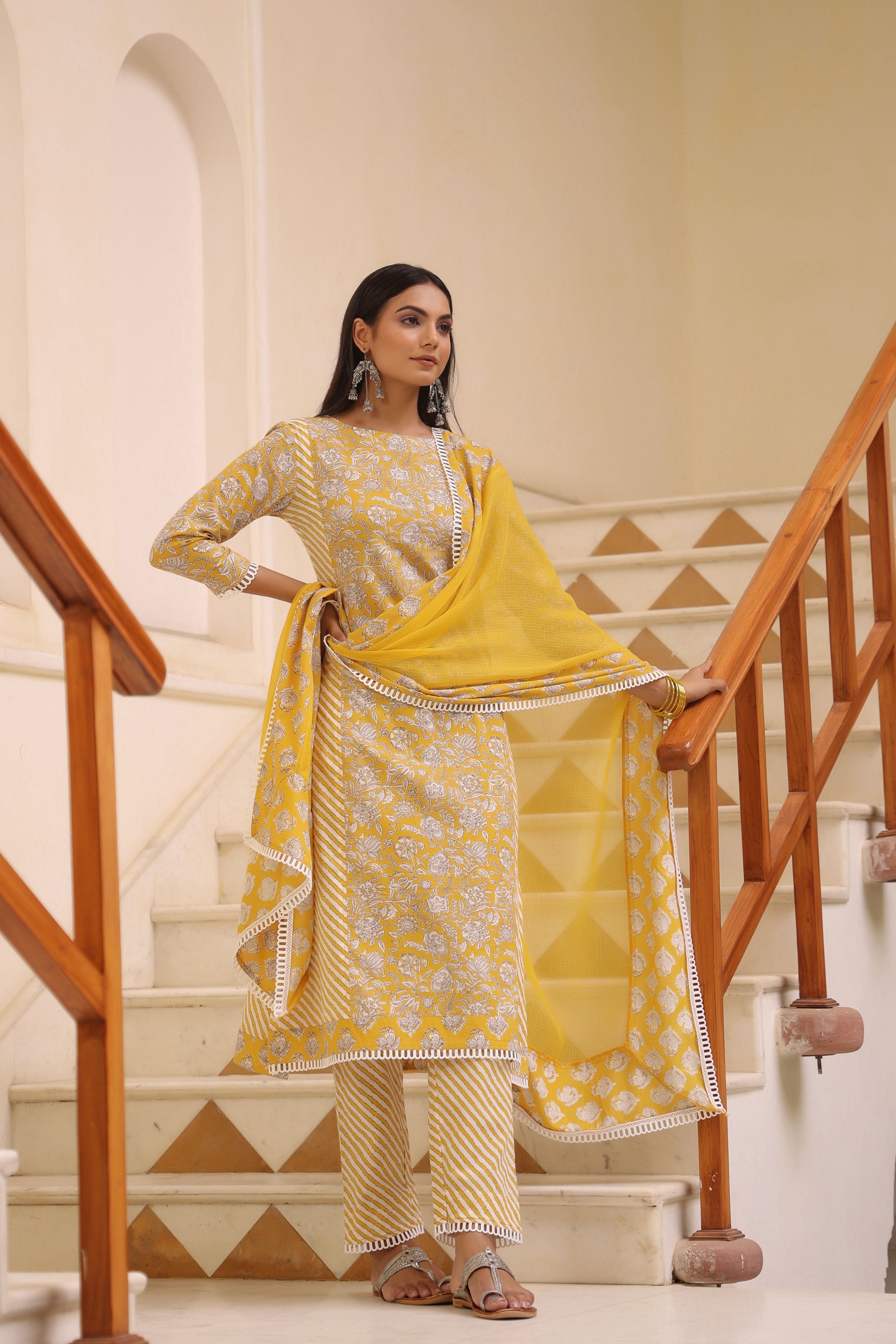 Yellow White Straight Suit Set