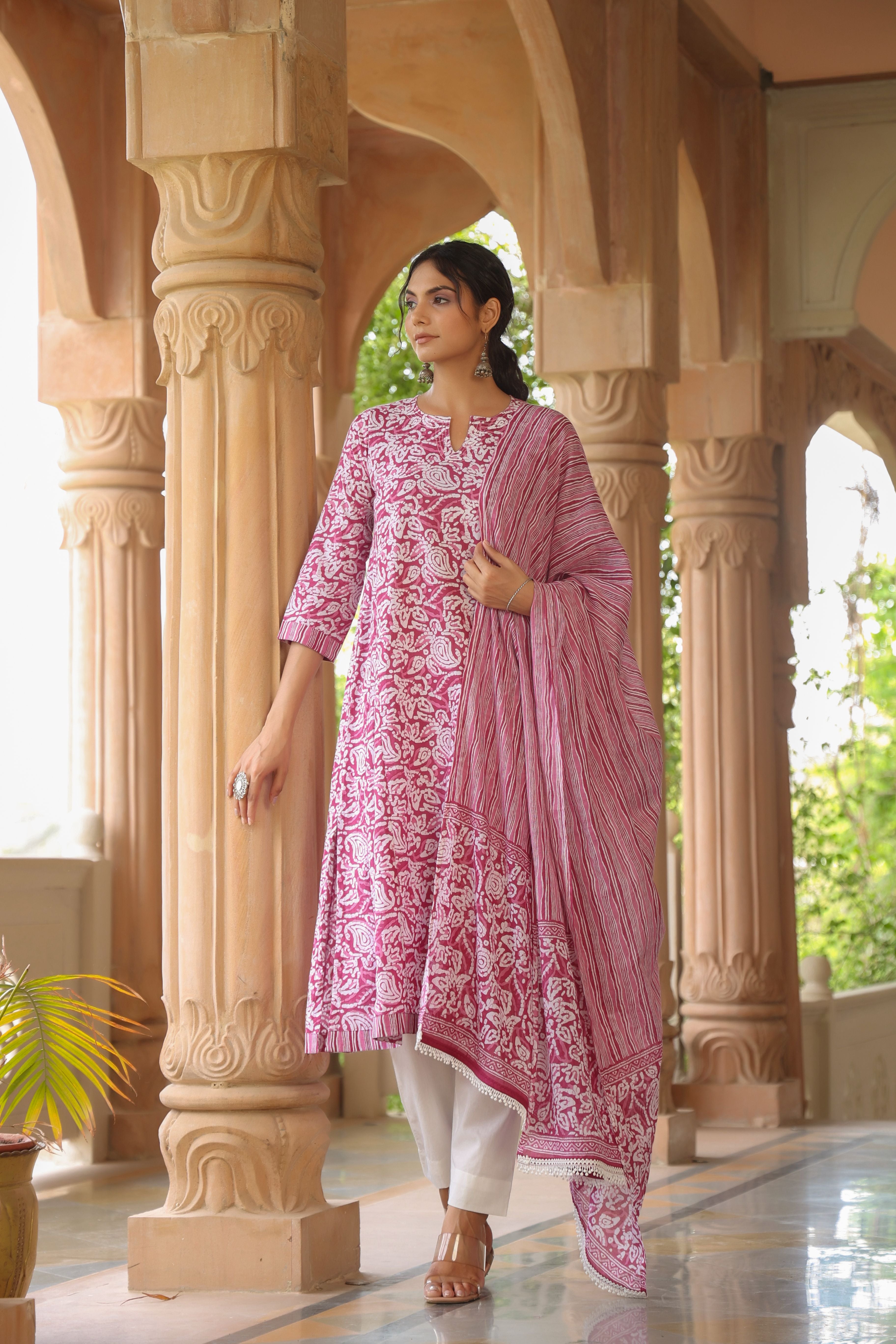 White Pink A-line Kurta