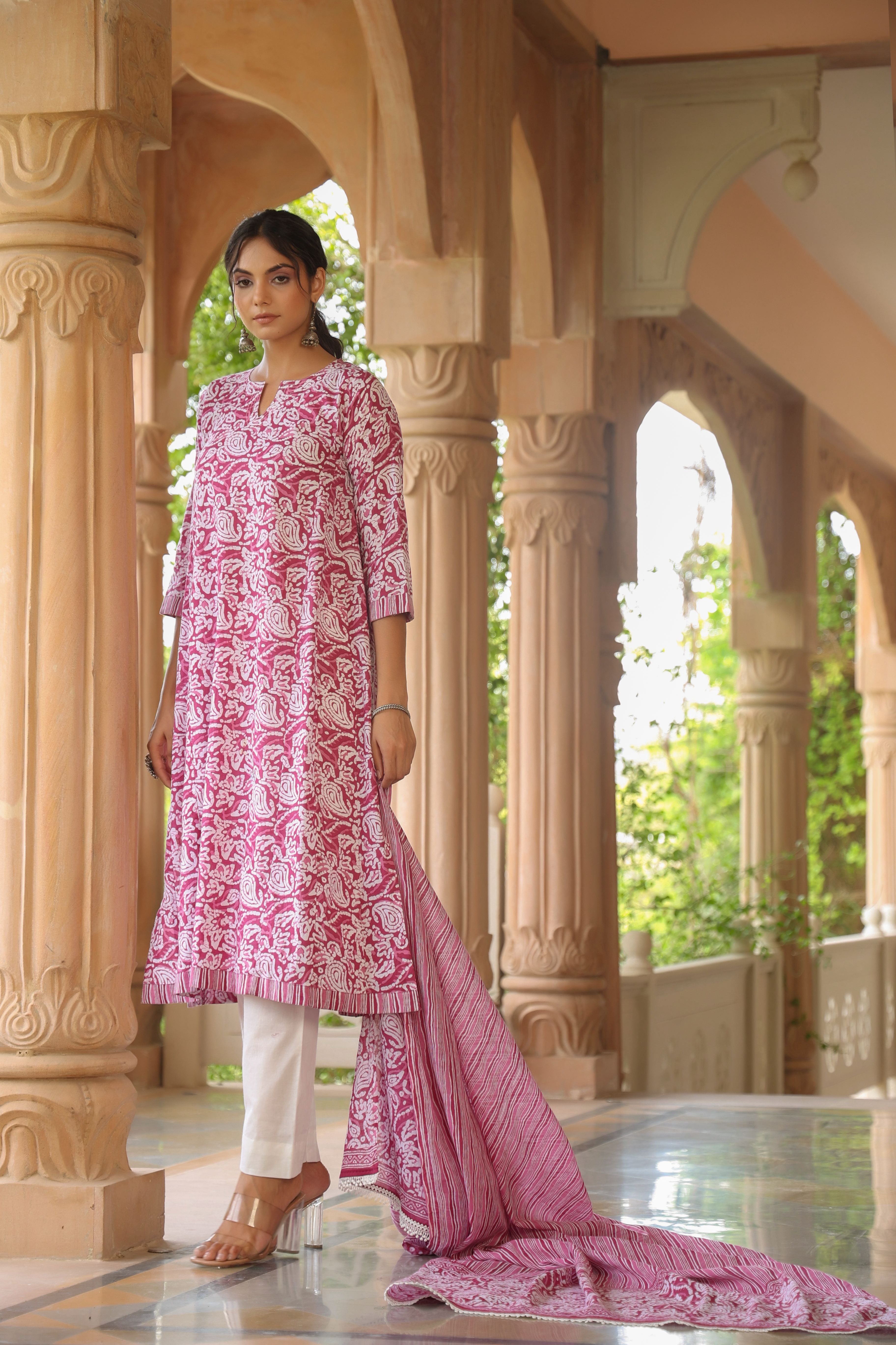 White Pink A-line Kurta