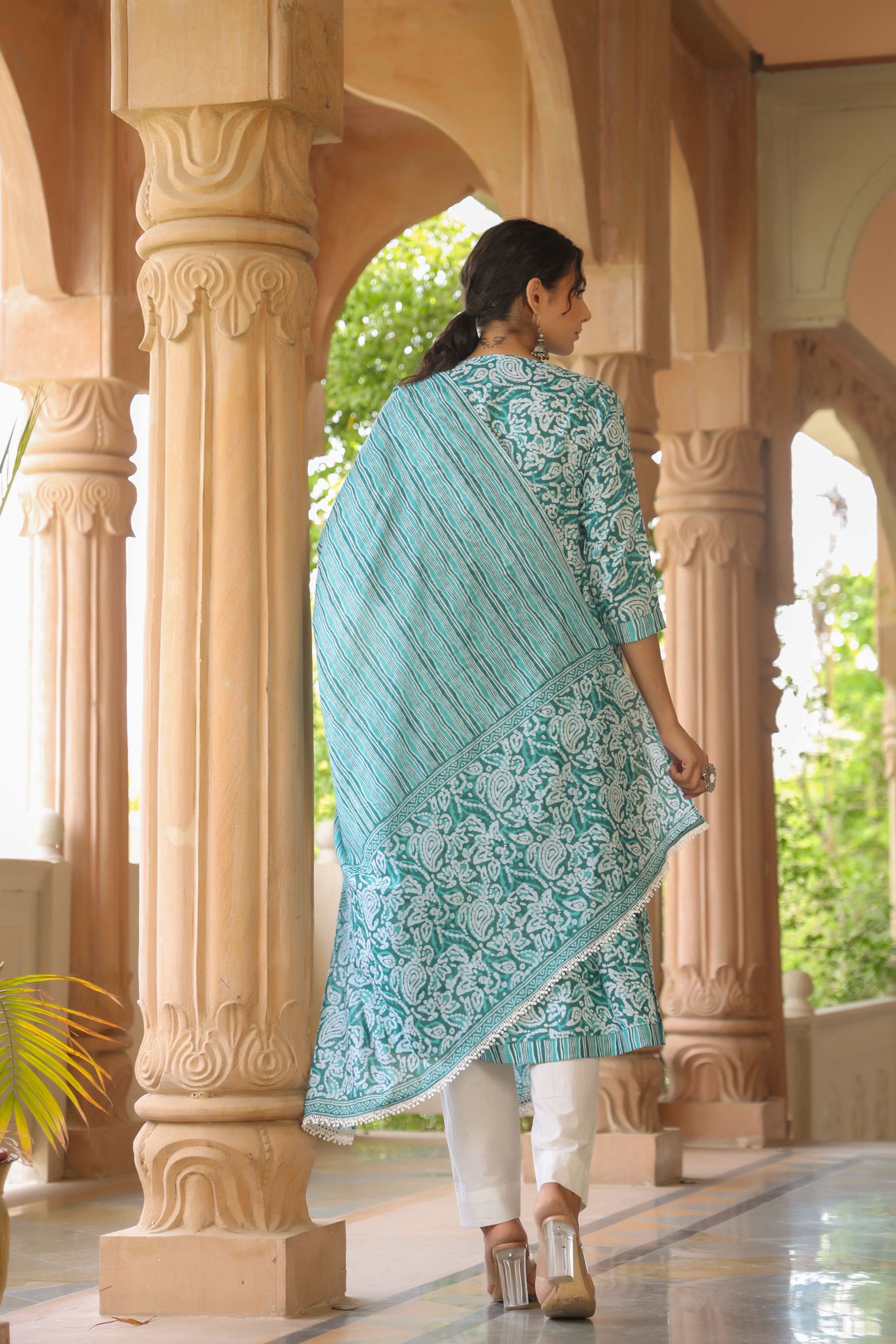 White Blue A-line Kurta