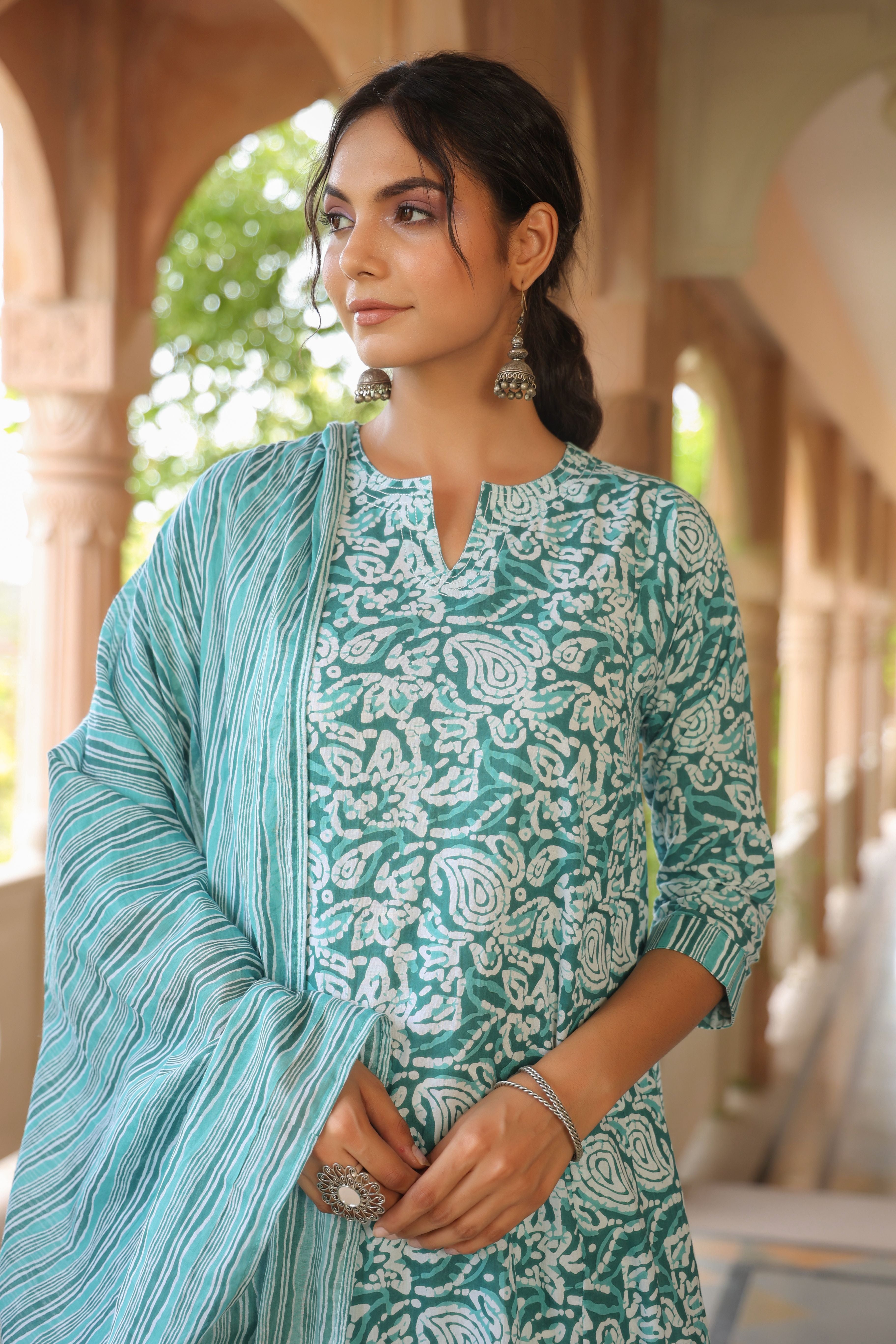 White Blue A-line Kurta
