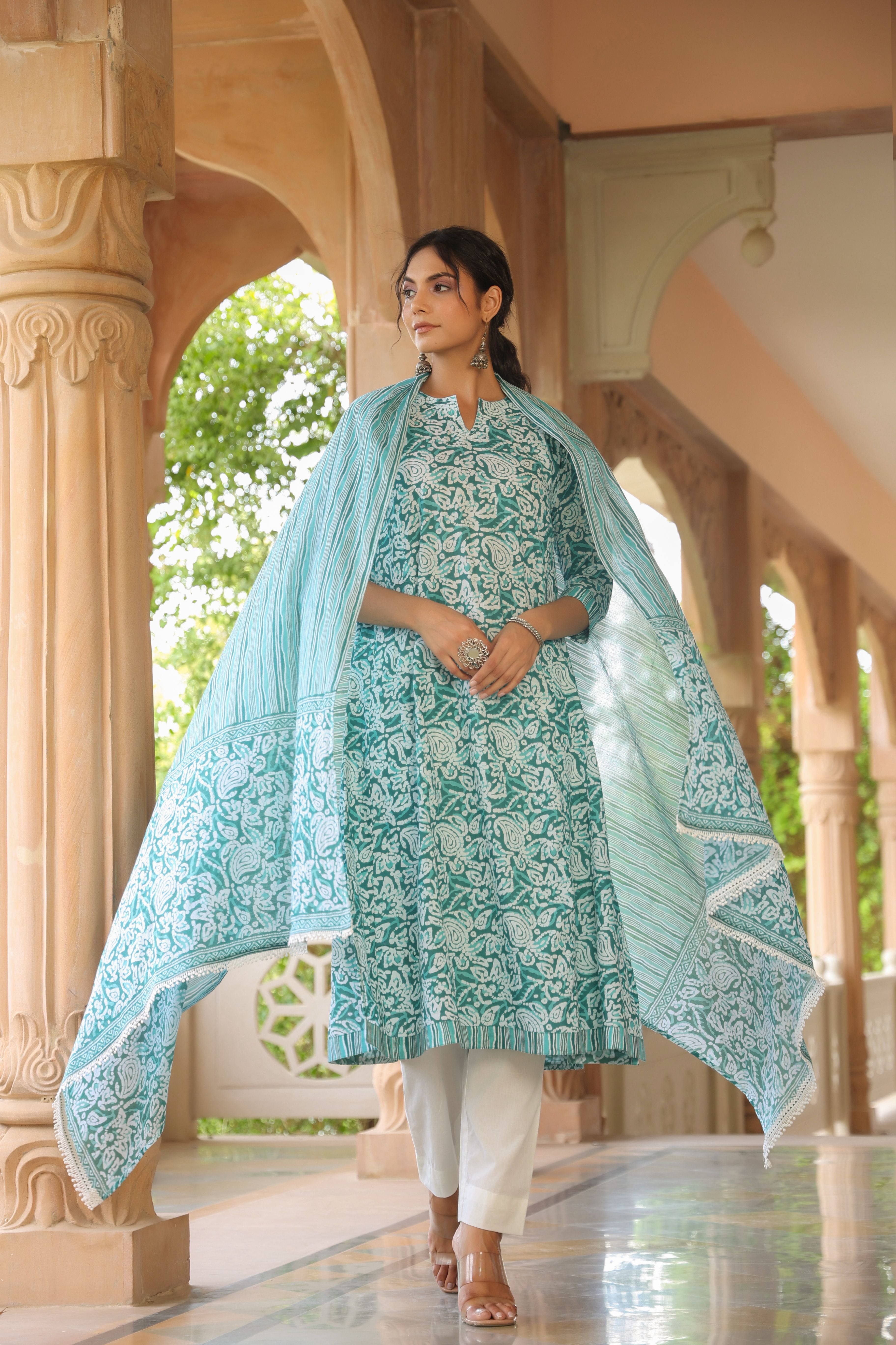 White Blue A-line Kurta