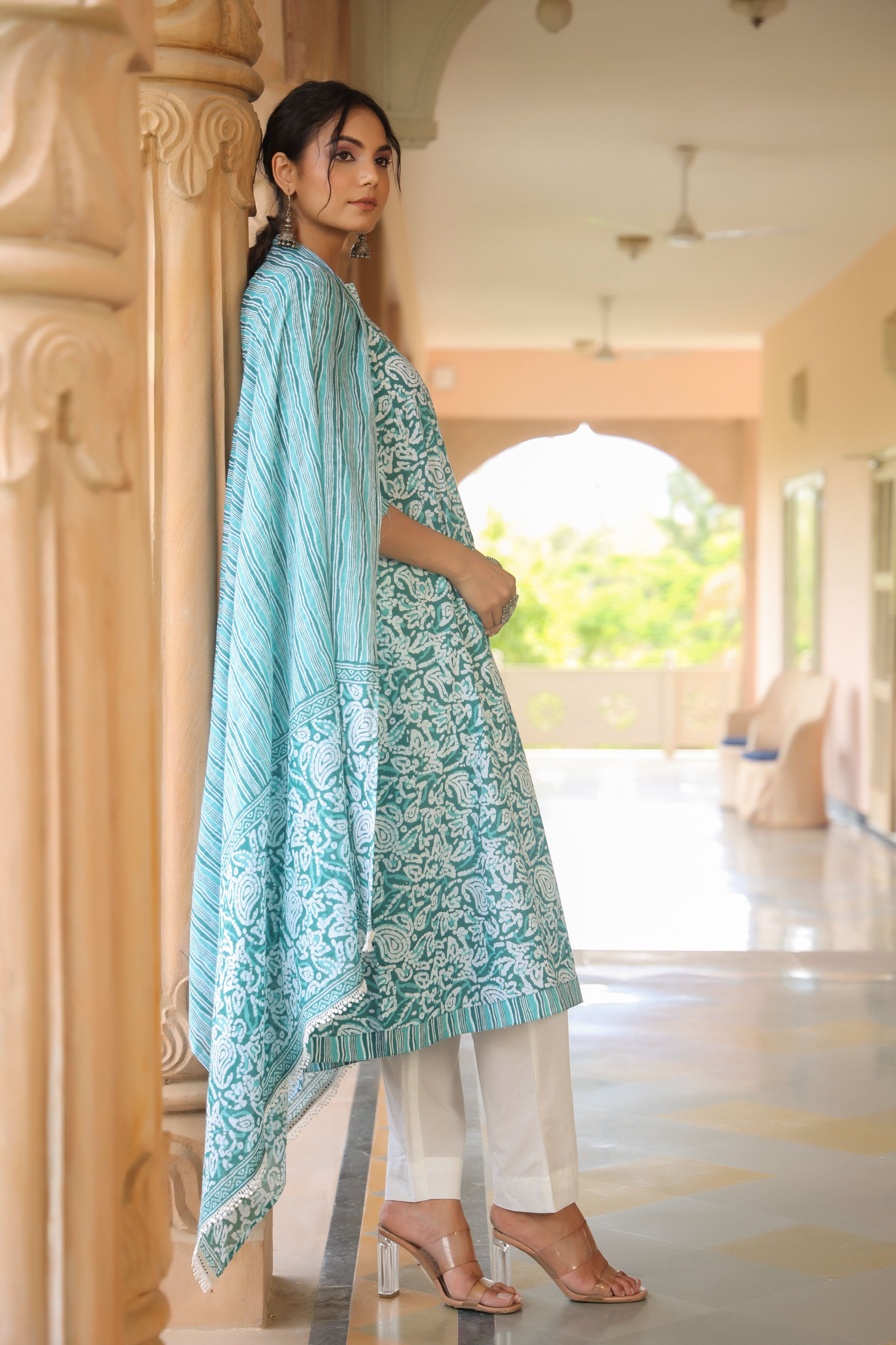 White Blue A-line Kurta
