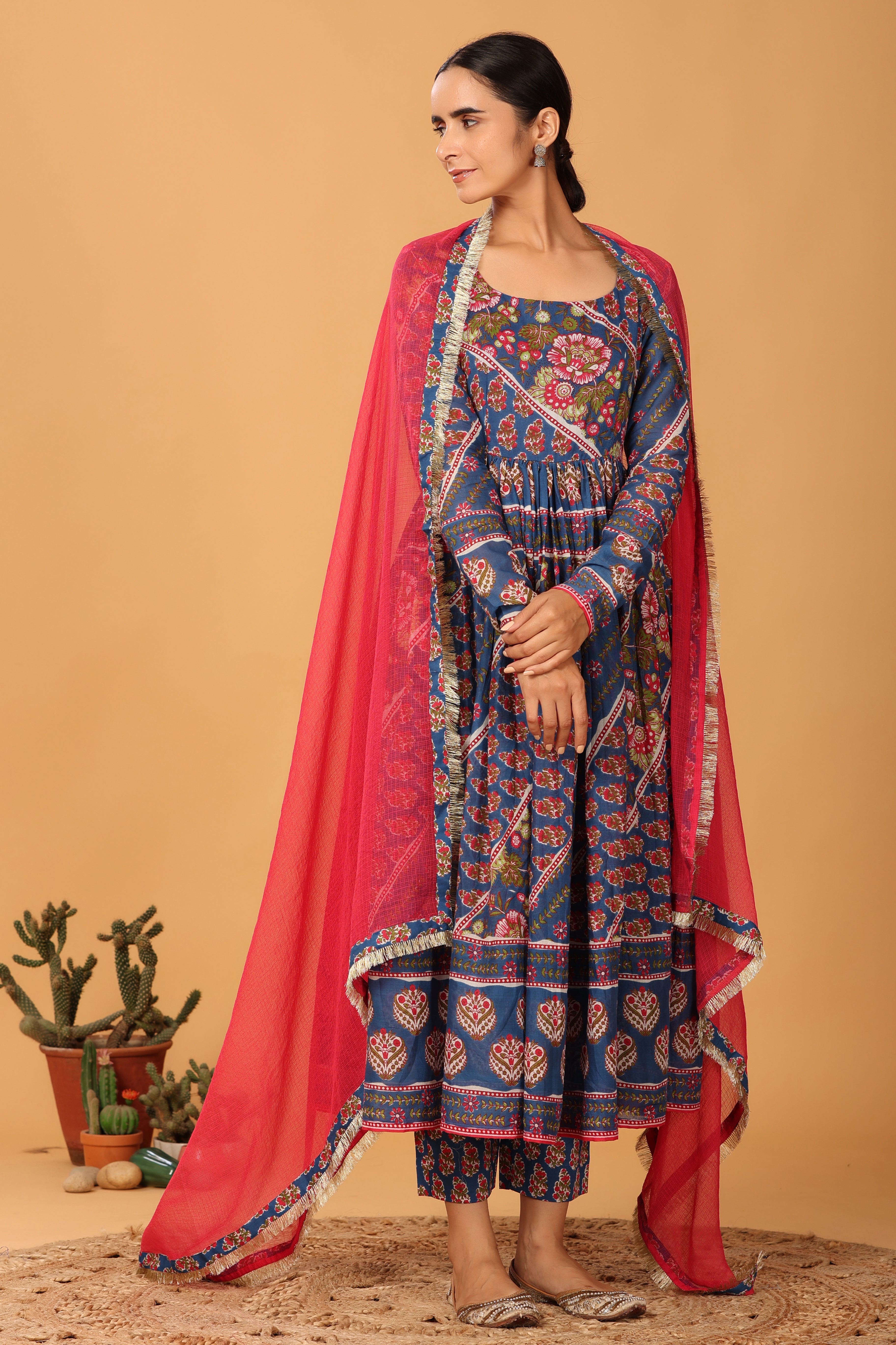 Blue mulmul anarkali set