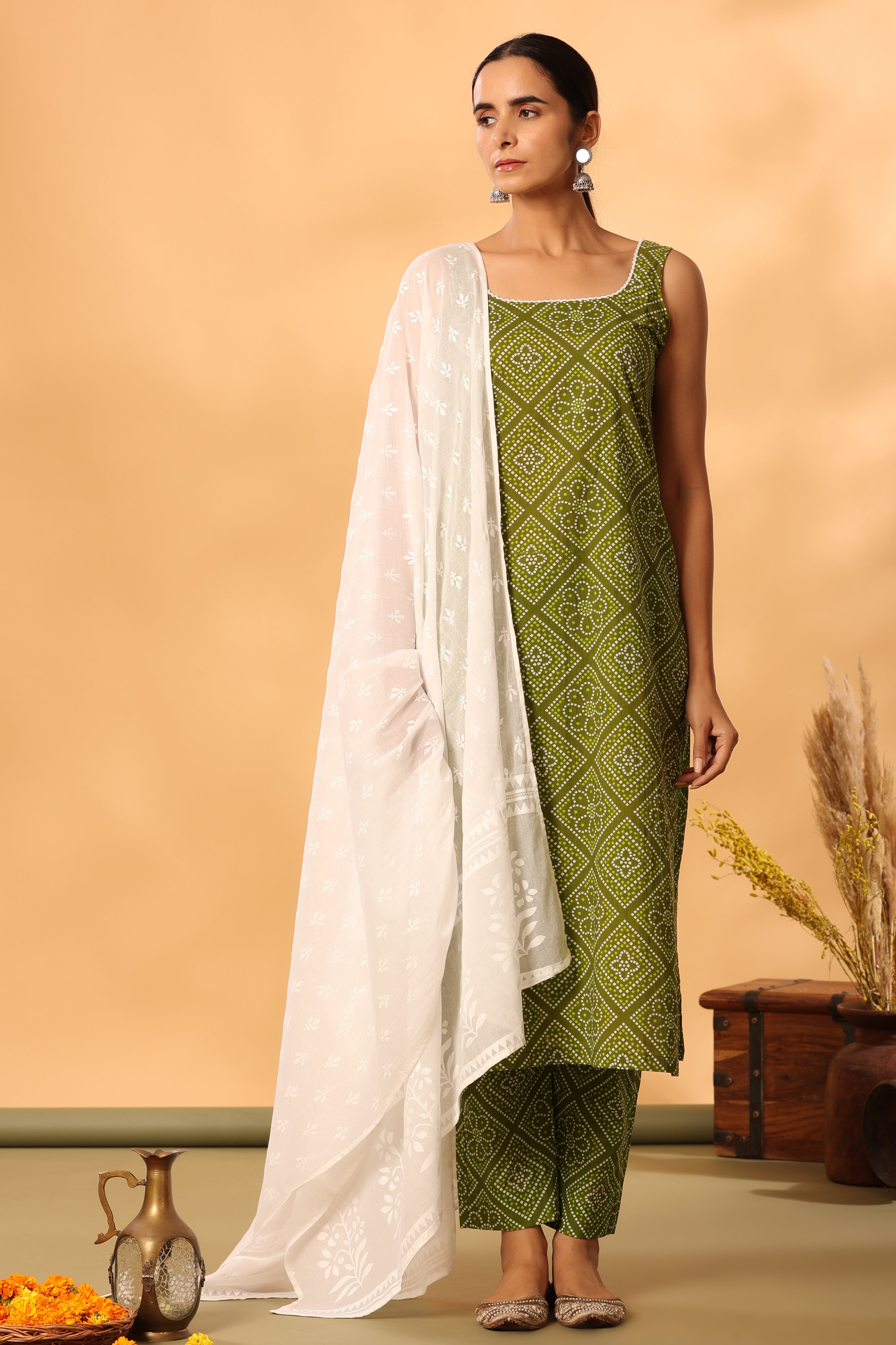 Green bandhani straight suit set