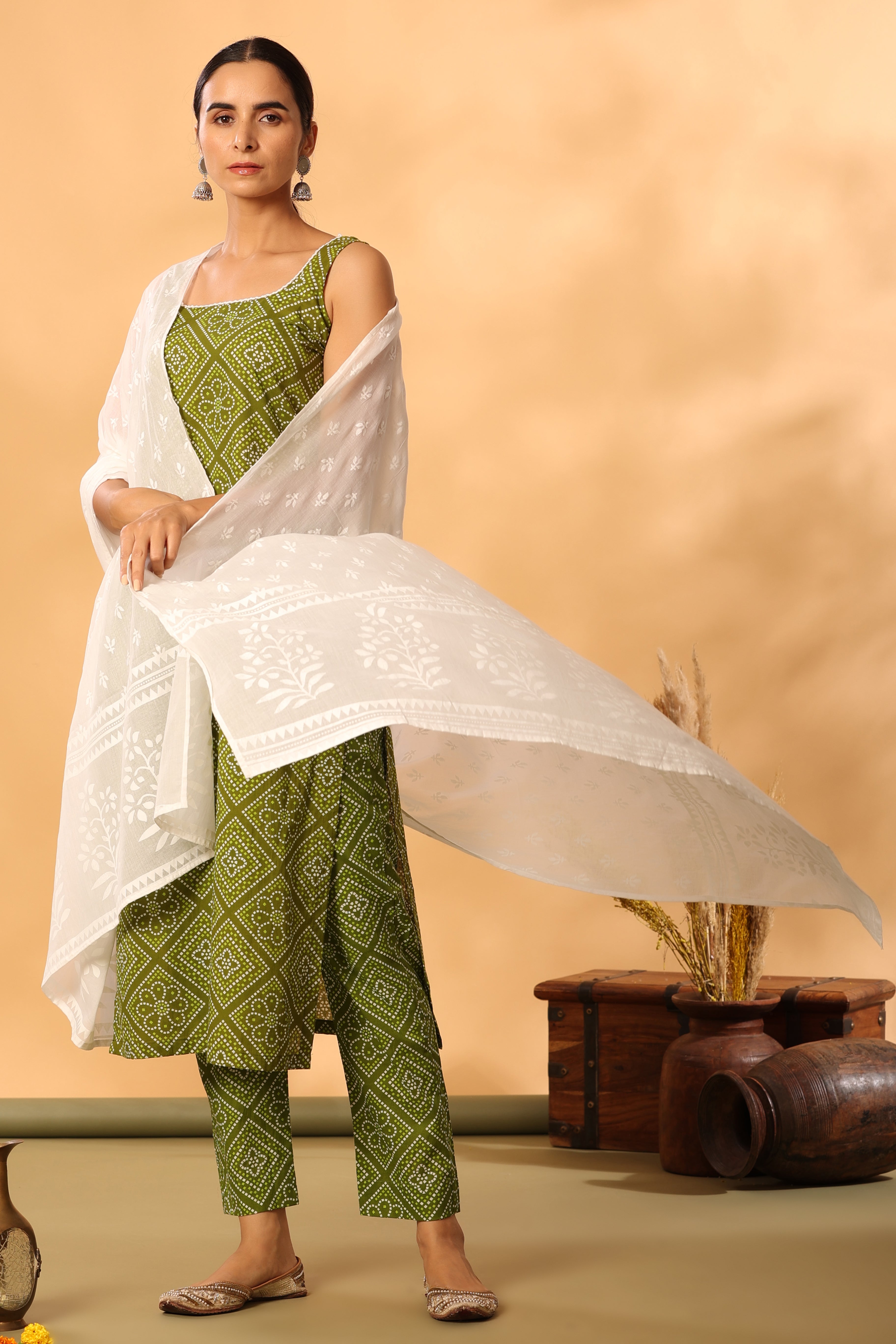 Green bandhani straight suit set