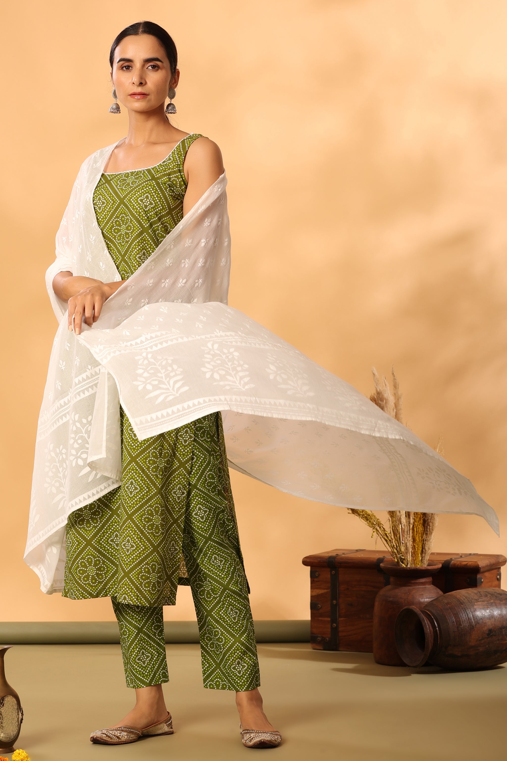 Women's Bandhani Green Straight Kurta Set