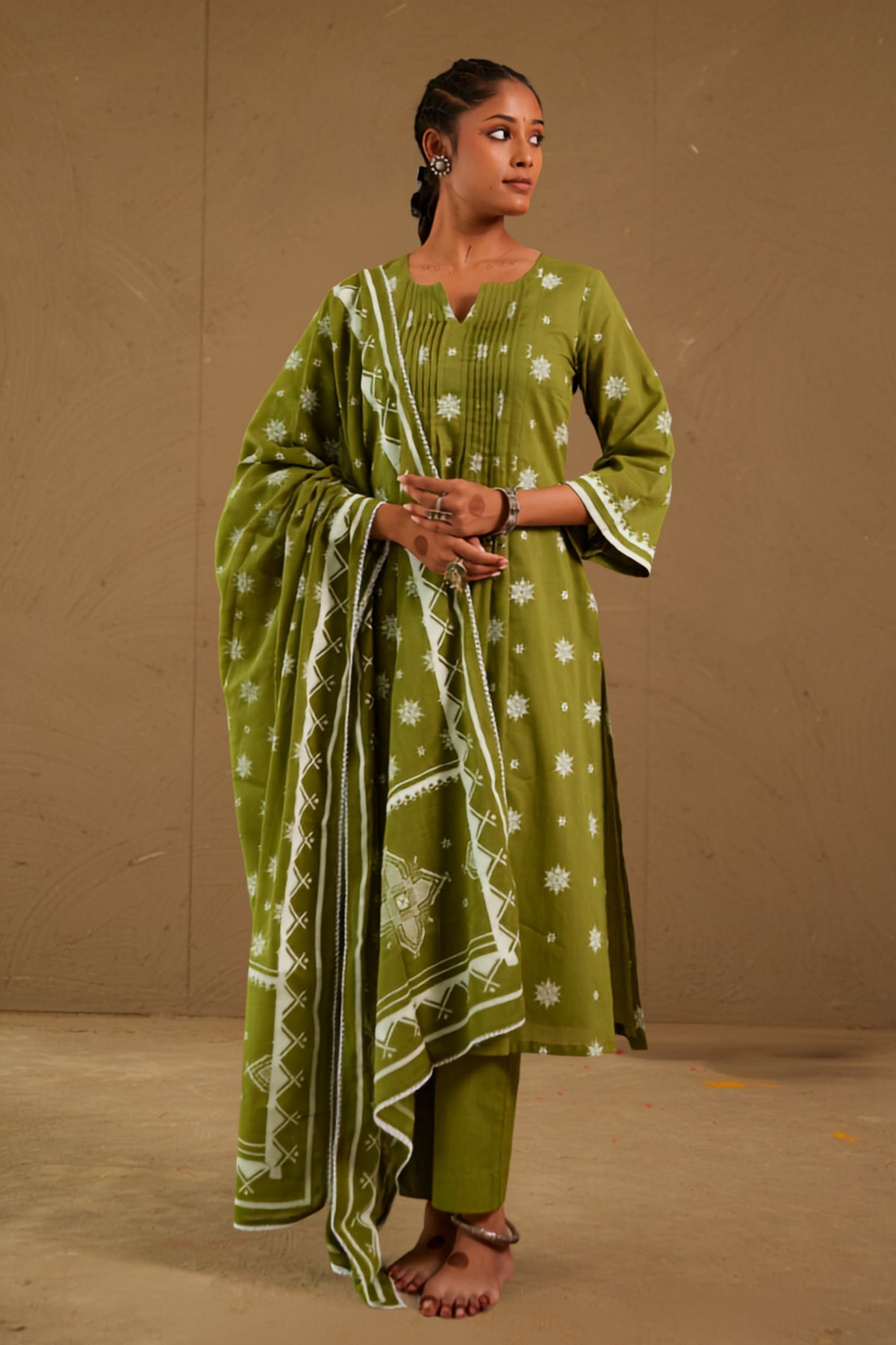 Bhakti Green Mul Cotton Pin Tucks Kurta Only