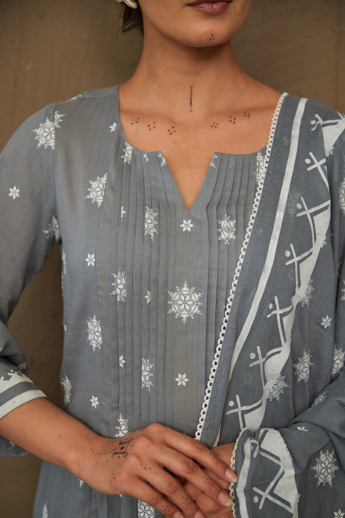 Moli Grey Mul Cotton Pin Tucks Kurta Set