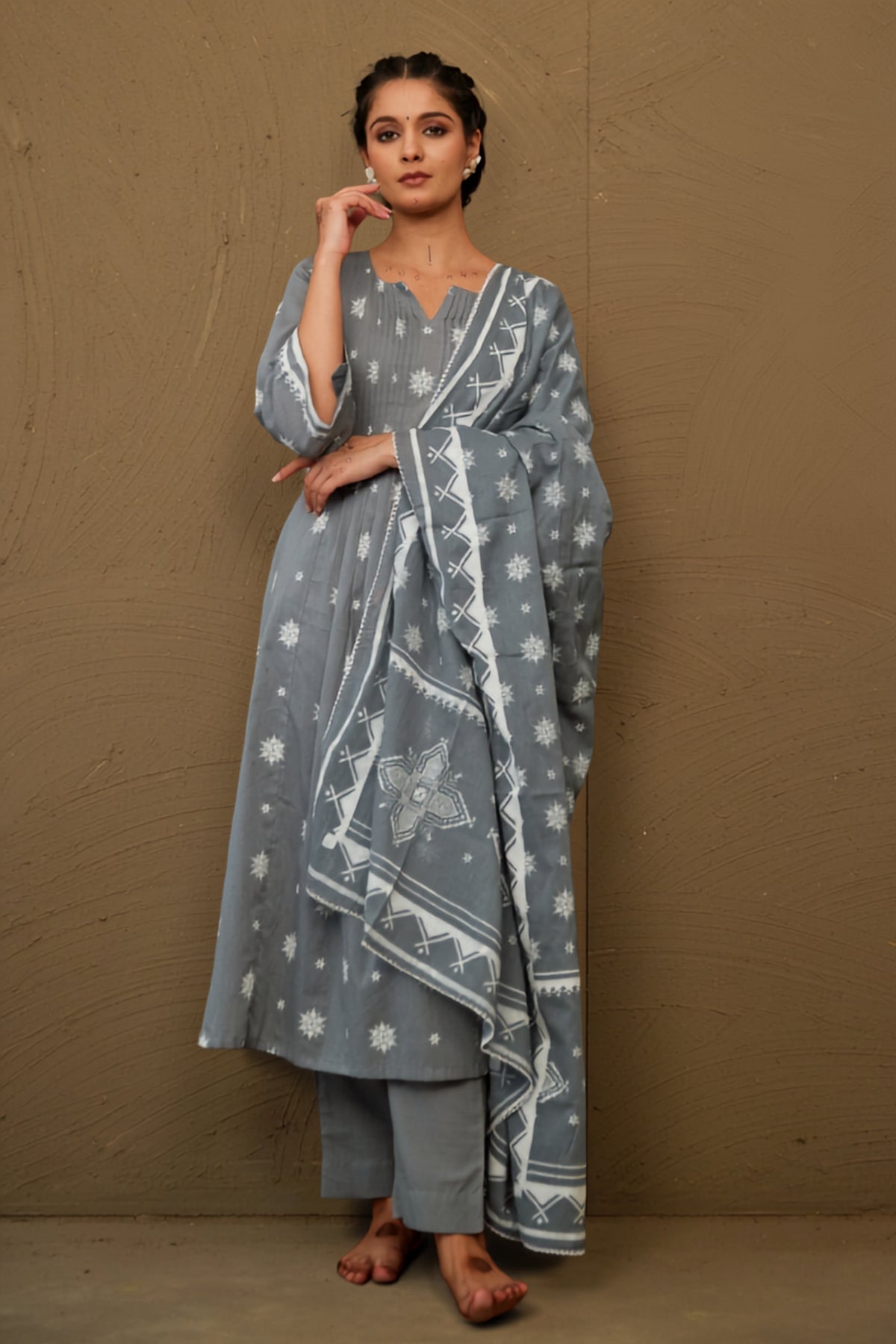 Moli Grey Mul Cotton Pin Tucks Kurta Set