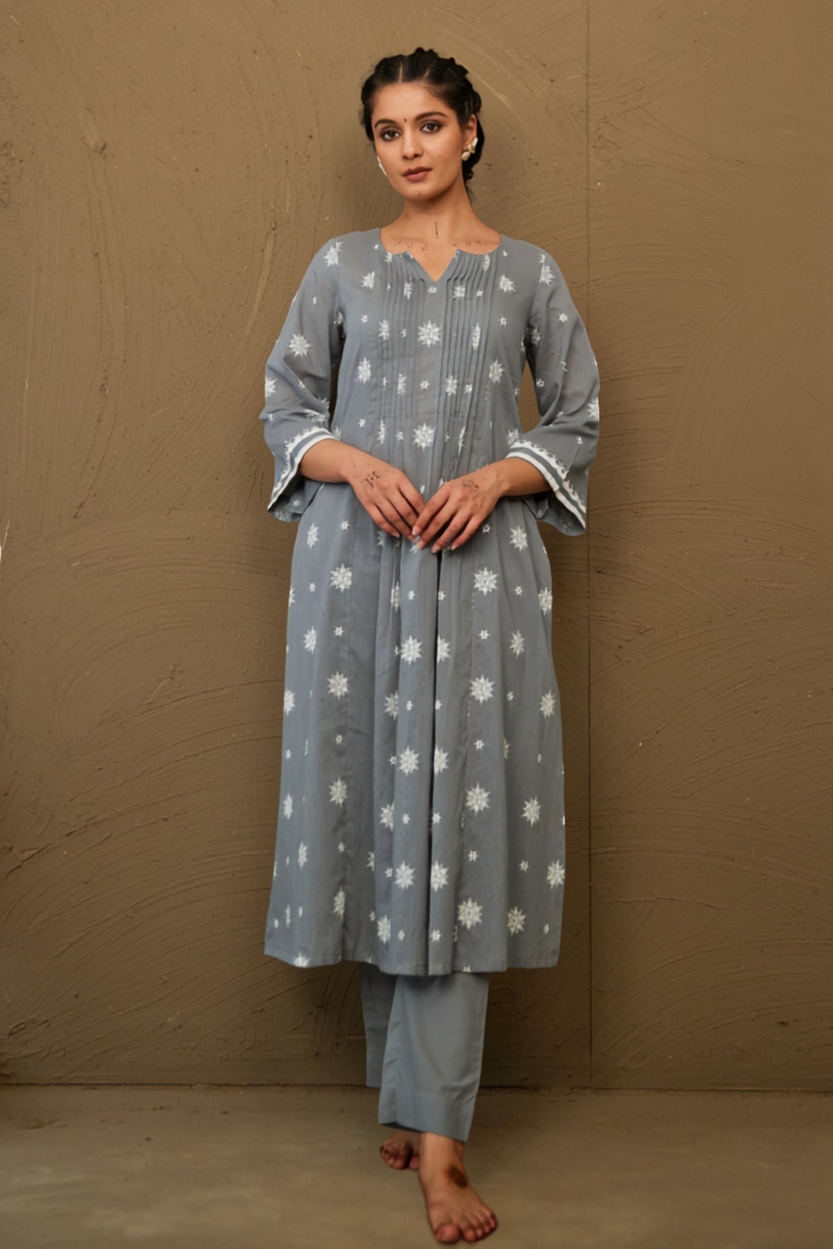 Moli Grey Mul Cotton Pin Tucks Kurta Set