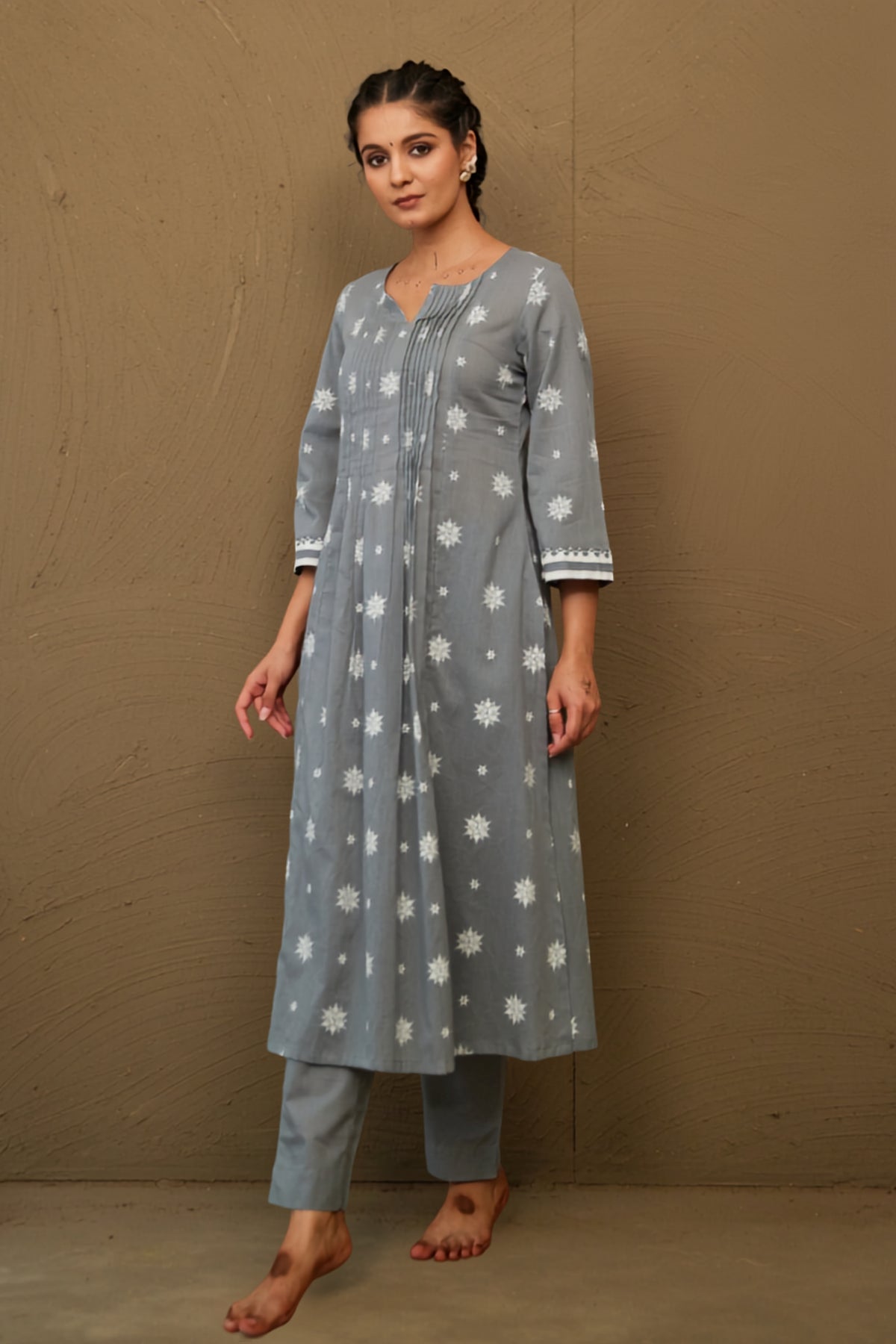Moli Grey Mul Cotton Pin Tucks Kurta Set